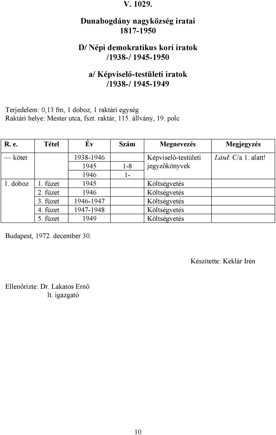 Tétel Év Szám Megnevezés Megjegyzés kötet 1938-1946 Képviselő-testületi 1945 1-8 jegyzőkönyvek 1946 1-1. doboz 1. füzet 1945 Költségvetés 2.