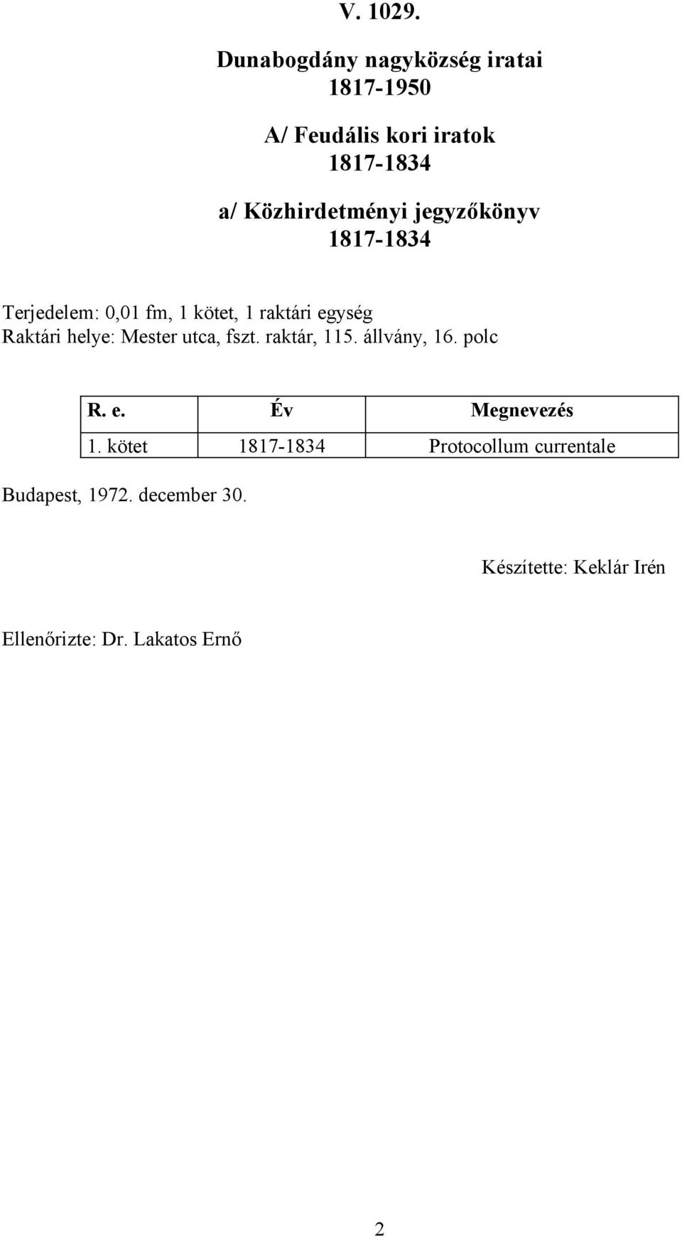 raktár, 115. állvány, 16. polc R. e. Év Megnevezés 1.