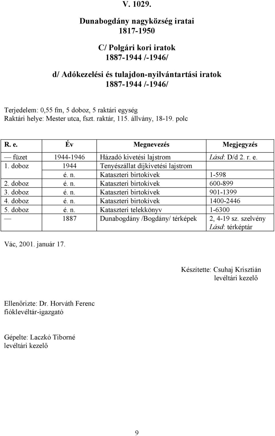 Kataszteri birtokívek 1-598 2. doboz é. n. Kataszteri birtokívek 600-899 3. doboz é. n. Kataszteri birtokívek 901-1399 4. doboz é. n. Kataszteri birtokívek 1400-2446 5. doboz é. n. Kataszteri telekkönyv 1-6300 1887 Dunabogdány /Bogdány/ térképek 2, 4-19 sz.