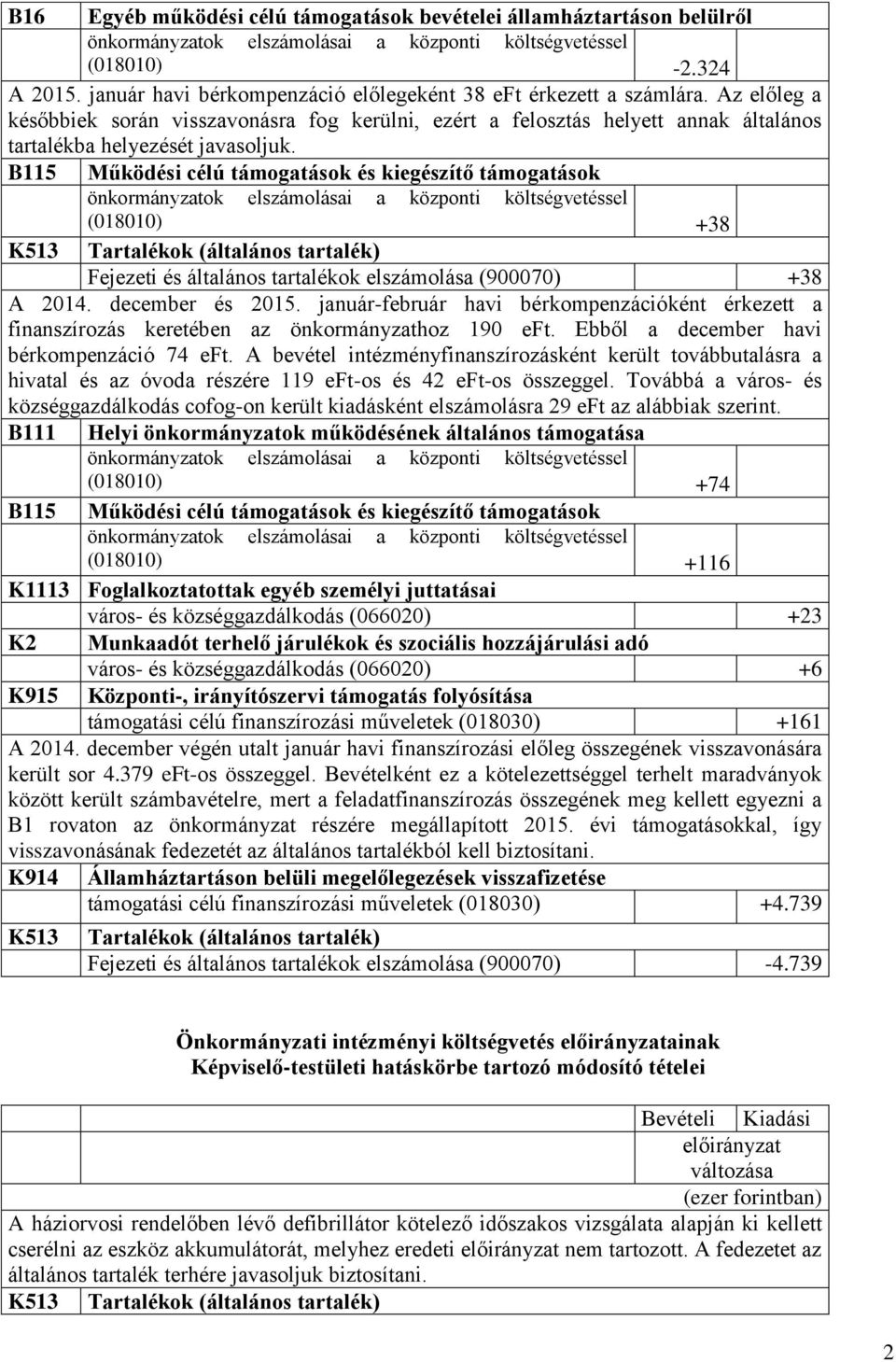 B115 Működési célú támogatások és kiegészítő támogatások (018010) +38 Fejezeti és általános tartalékok elszámolása (900070) +38 A 2014. december és 2015.