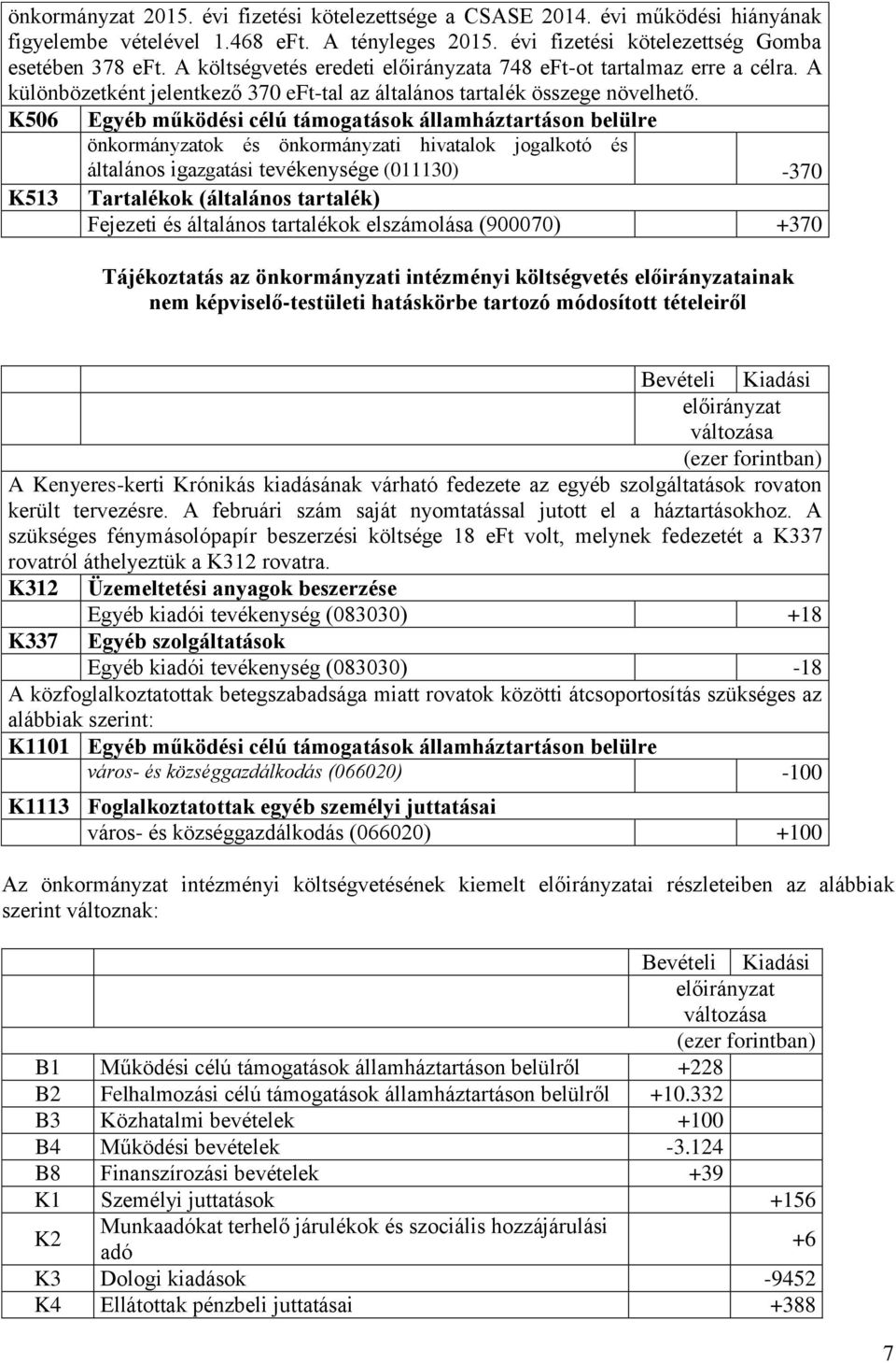 K506 Egyéb működési célú támogatások államháztartáson belülre általános igazgatási tevékenysége (011130) -370 Fejezeti és általános tartalékok elszámolása (900070) +370 Tájékoztatás az önkormányzati