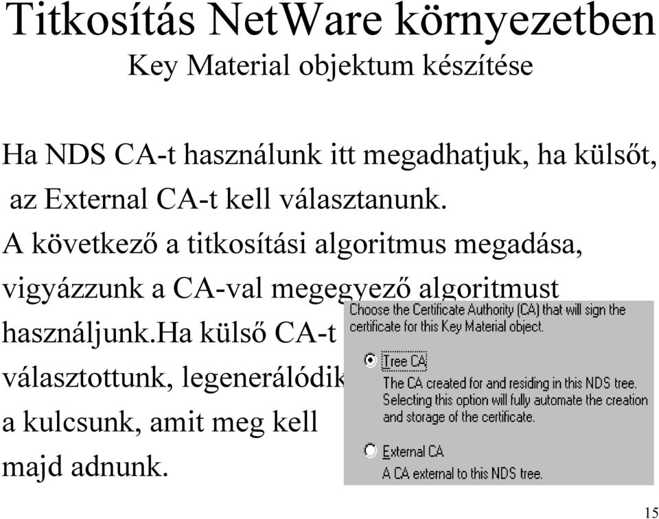 A következő a titkosítási algoritmus megadása, vigyázzunk a CA-val