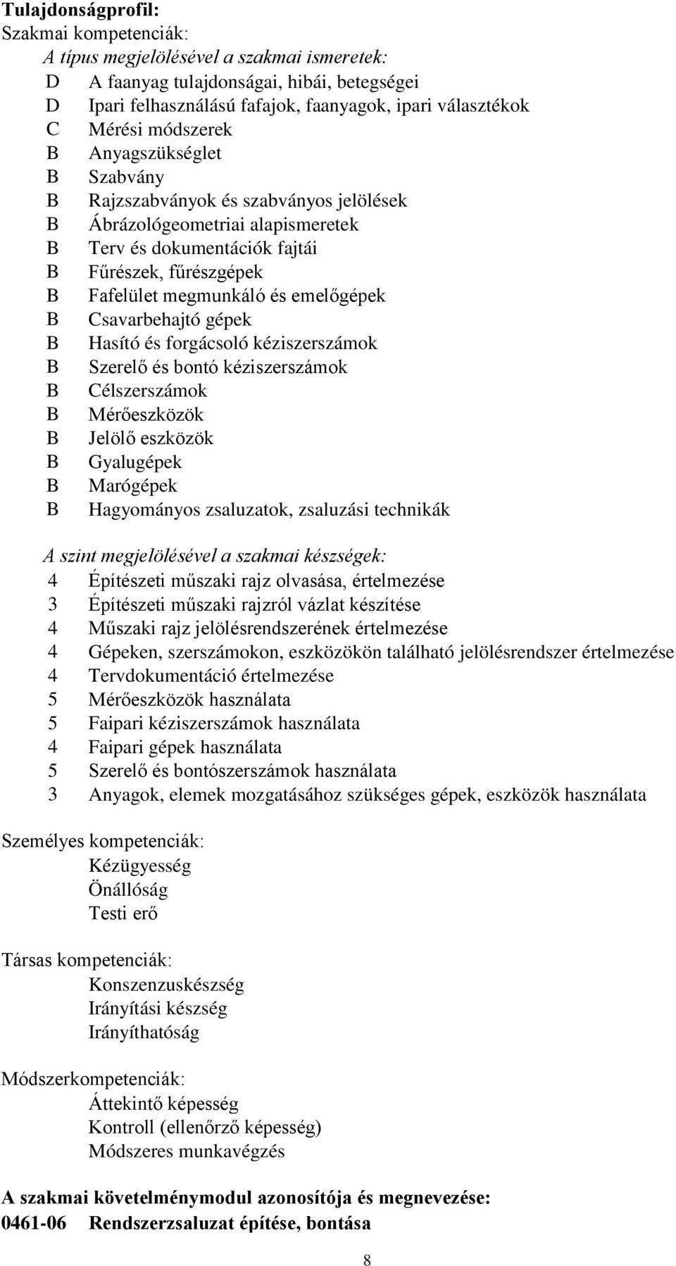 emelőgépek B Csavarbehajtó gépek B Hasító és forgácsoló kéziszerszámok B Szerelő és bontó kéziszerszámok B Célszerszámok B Mérőeszközök B Jelölő eszközök B Gyalugépek B Marógépek B Hagyományos