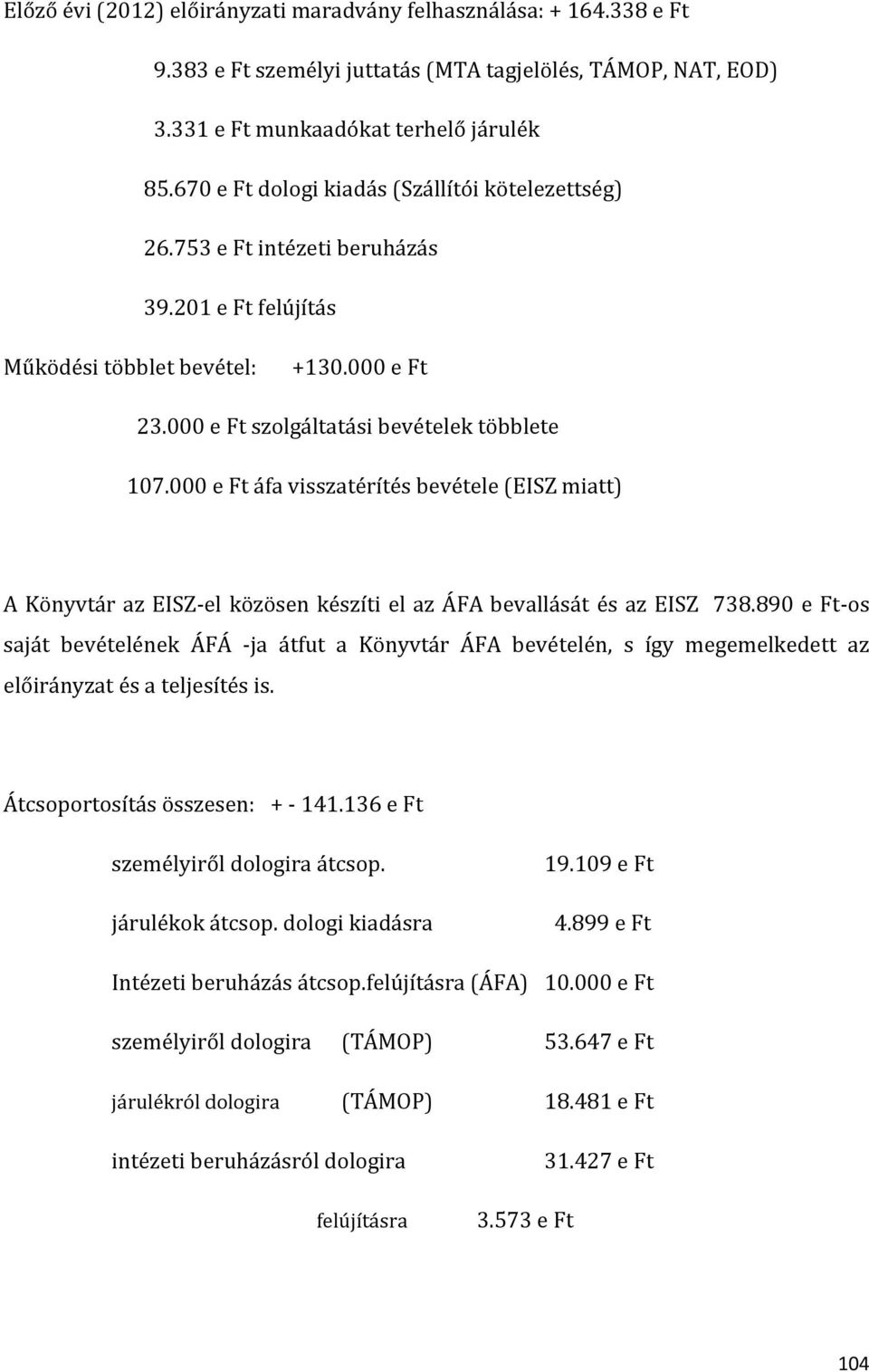 000 e Ft áfa visszatérítés bevétele (EISZ miatt) A Könyvtár az EISZ-el közösen készíti el az ÁFA bevallását és az EISZ 738.