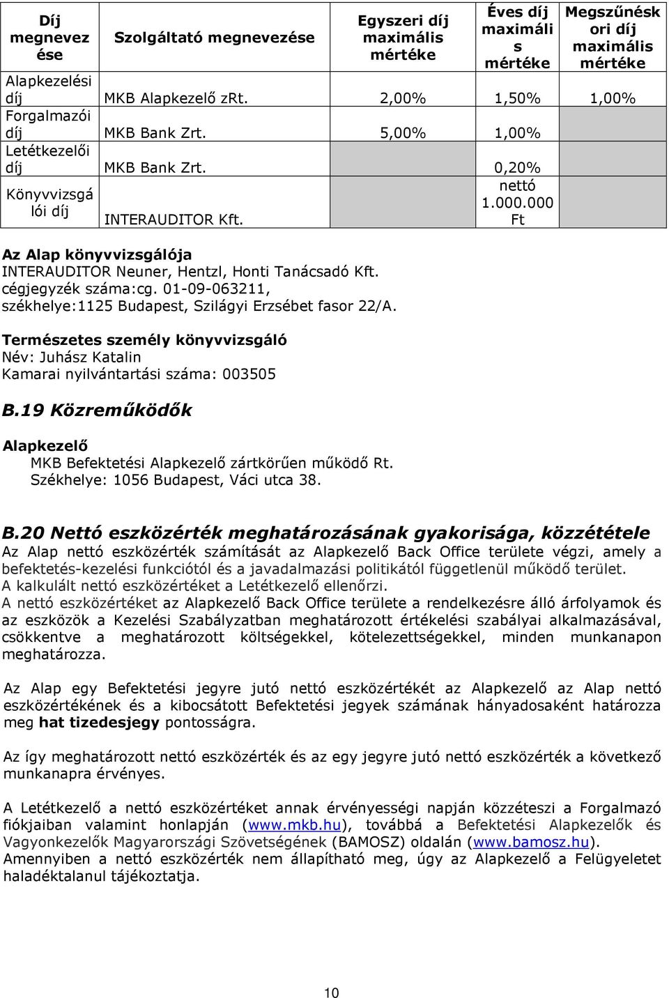 Az Alap könyvvizsgálója INTERAUDITOR Neuner, Hentzl, Honti Tanácsadó Kft. cégjegyzék száma:cg. 01-09-063211, székhelye:1125 Budapest, Szilágyi Erzsébet fasor 22/A.