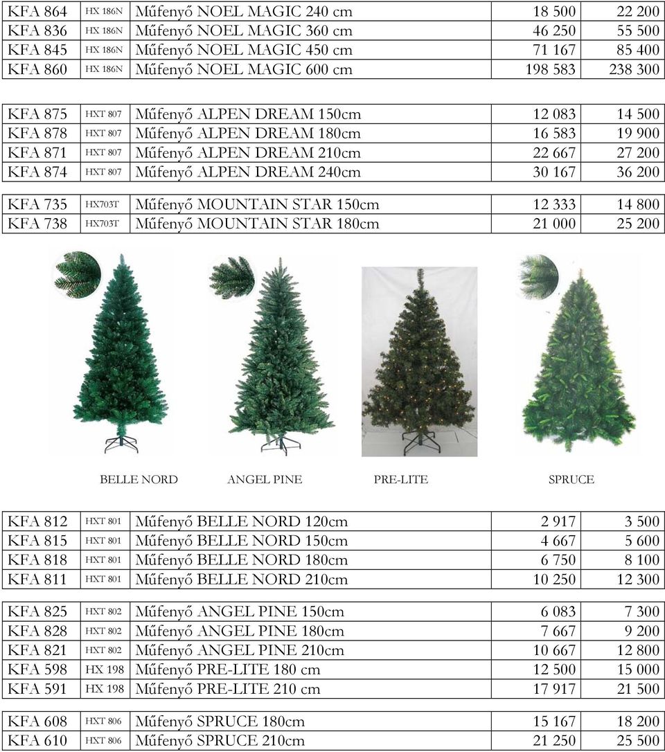 KFA 874 HXT 807 Műfenyő ALPEN DREAM 240cm 30 167 36 200 KFA 735 HX703T Műfenyő MOUNTAIN STAR 150cm 12 333 14 800 KFA 738 HX703T Műfenyő MOUNTAIN STAR 180cm 21 000 25 200 BELLE NORD ANGEL PINE
