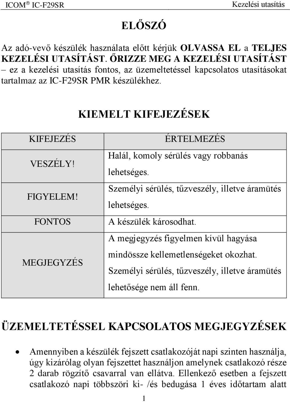 FONTOS MEGJEGYZÉS ÉRTELMEZÉS Halál, komoly sérülés vagy robbanás lehetséges. Személyi sérülés, tűzveszély, illetve áramütés lehetséges. A készülék károsodhat.