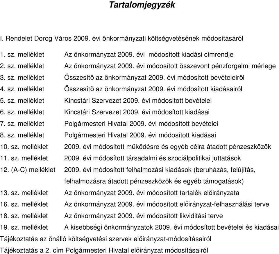 évi módosított bevételei 6. sz. melléklet Kincstári Szervezet 2009. évi módosított kiadásai 7. sz. melléklet Polgármesteri Hivatal 2009. évi módosított bevételei 8. sz. melléklet Polgármesteri Hivatal 2009. évi módosított kiadásai 10.