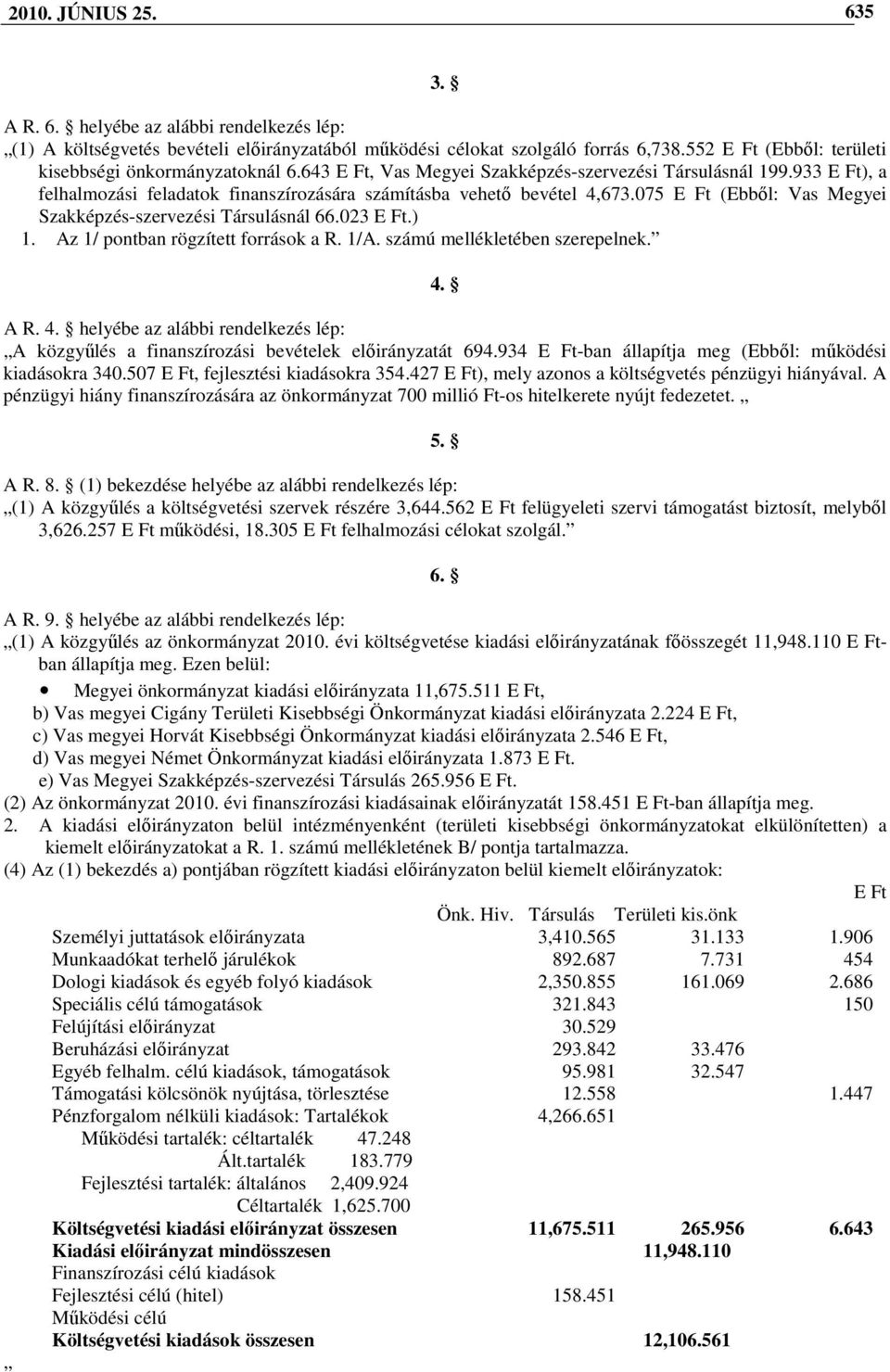 933 E Ft), a felhalmozási feladatok finanszírozására számításba vehetı bevétel 4,673.075 E Ft (Ebbıl: Vas Megyei Szakképzés-szervezési Társulásnál 66.023 E Ft.) 1.