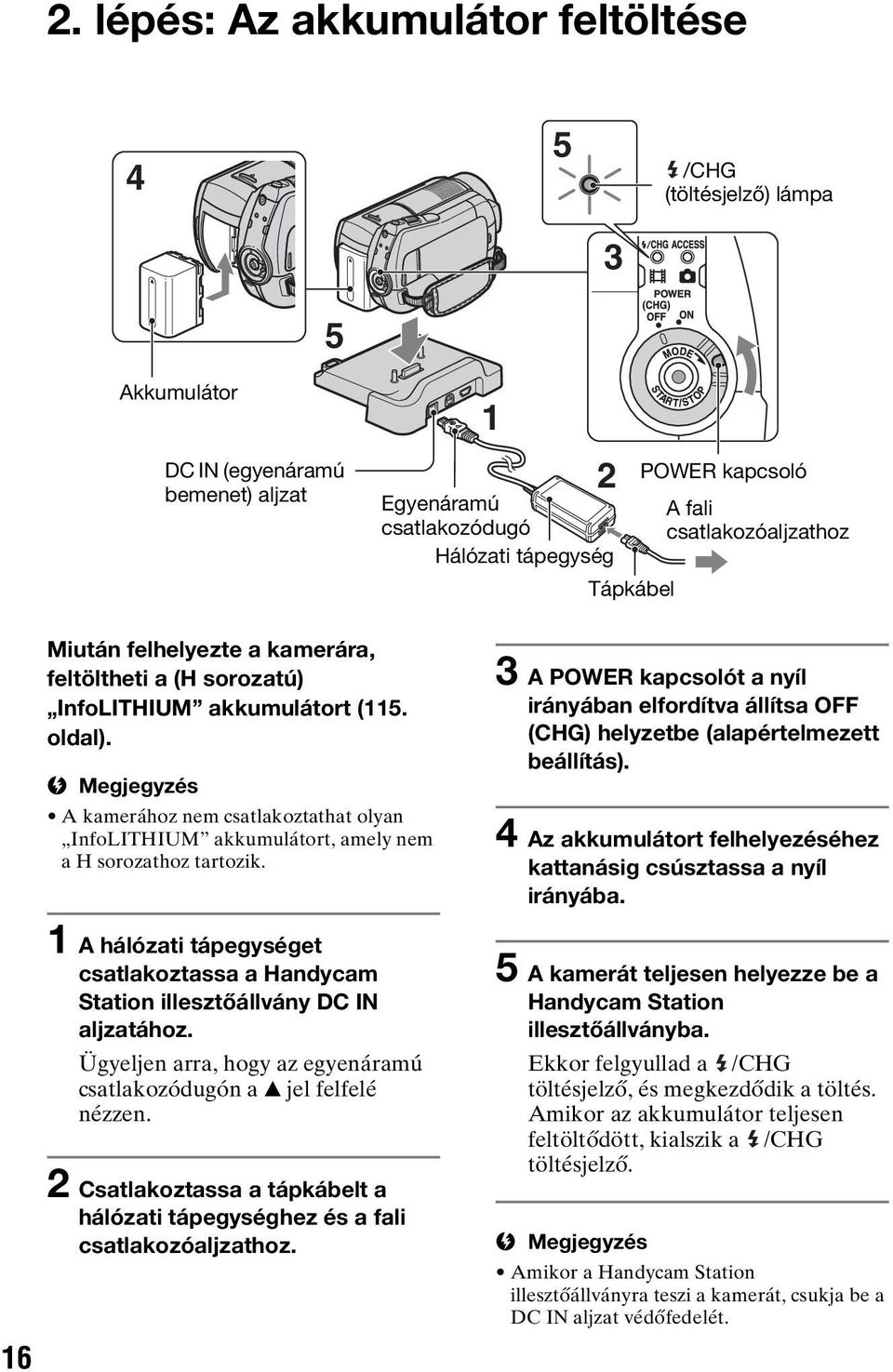 A kamerához nem csatlakoztathat olyan InfoLITHIUM akkumulátort, amely nem a H sorozathoz tartozik. 1 A hálózati tápegységet csatlakoztassa a Handycam Station illesztőállvány DC IN aljzatához.
