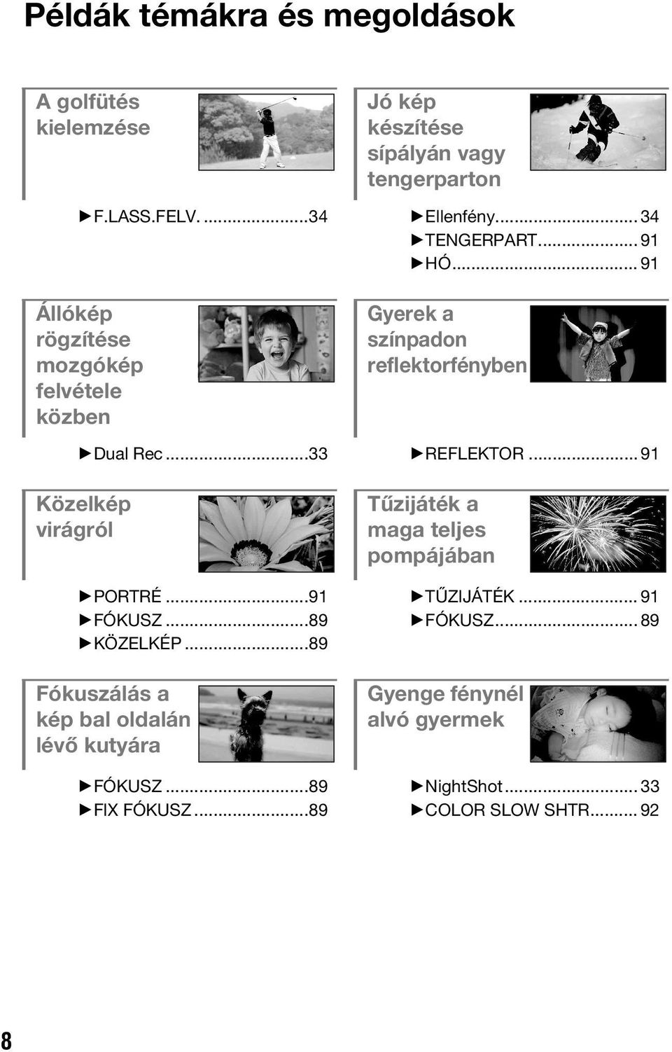 ..33 BREFLEKTOR... 91 Közelkép virágról BPORTRÉ...91 BFÓKUSZ...89 BKÖZELKÉP...89 Fókuszálás a kép bal oldalán lévő kutyára BFÓKUSZ.