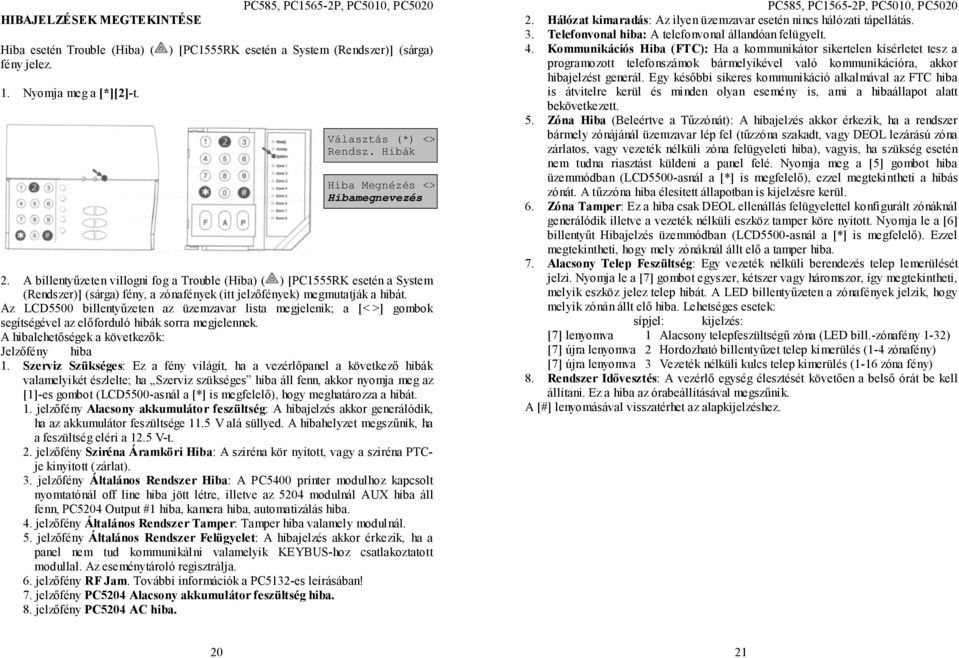 Az LCD5500 billentyűzeten az üzemzavar lista megjelenik; a [< >] gombok segítségével az előforduló hibák sorra megjelennek. A hibalehetőségek a következők: Jelzőfény hiba 1.