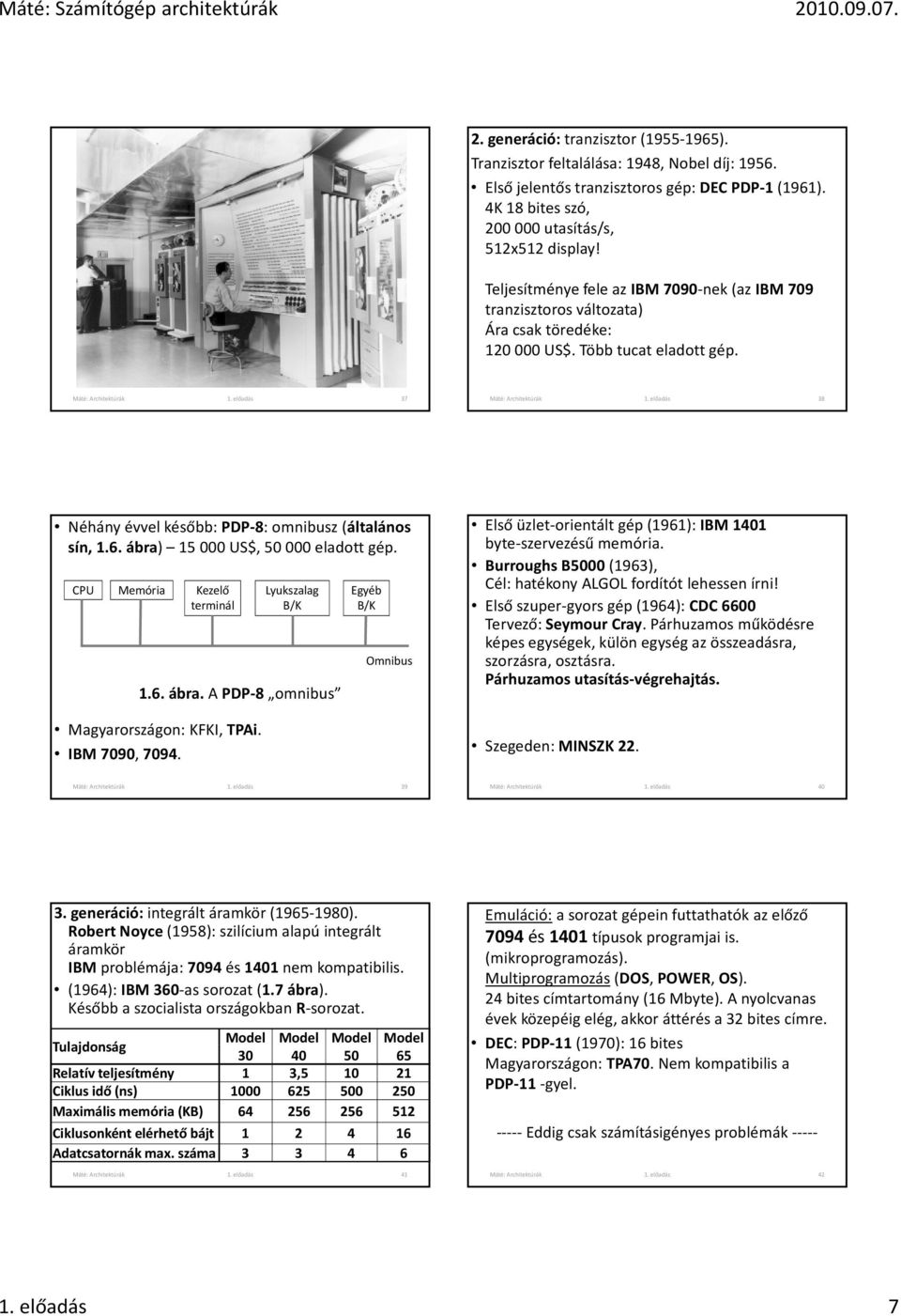 előadás 38 Néhány évvel később: PDP 8: omnibusz (általános sín, 1.6. ábra) 15 000 US$, 50 000 eladott gép. CPU Memória Kezelő terminál Lyukszalag B/K 1.6. ábra. A PDP 8 omnibus Magyarországon: KFKI, TPAi.