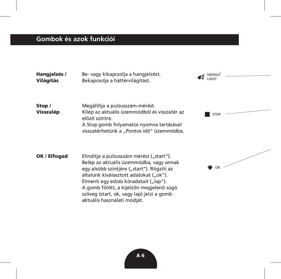 A Stop gomb folyamatos nyomva tartásával visszatérhetünk a Pontos idõ üzemmódba. STOP OK / Elfogad Elindítja a pulzusszám mérést ( start ).