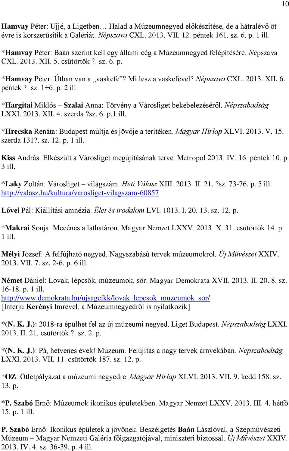 . sz. 1+6. p. 2 ill. *Hargitai Miklós Szalai Anna: Törvény a Városliget bekebelezéséről. Népszabadság LXXI. 2013. XII. 4. szerda?sz. 6. p.1 ill. *Hrecska Renáta: Budapest múltja és jövője a terítéken.