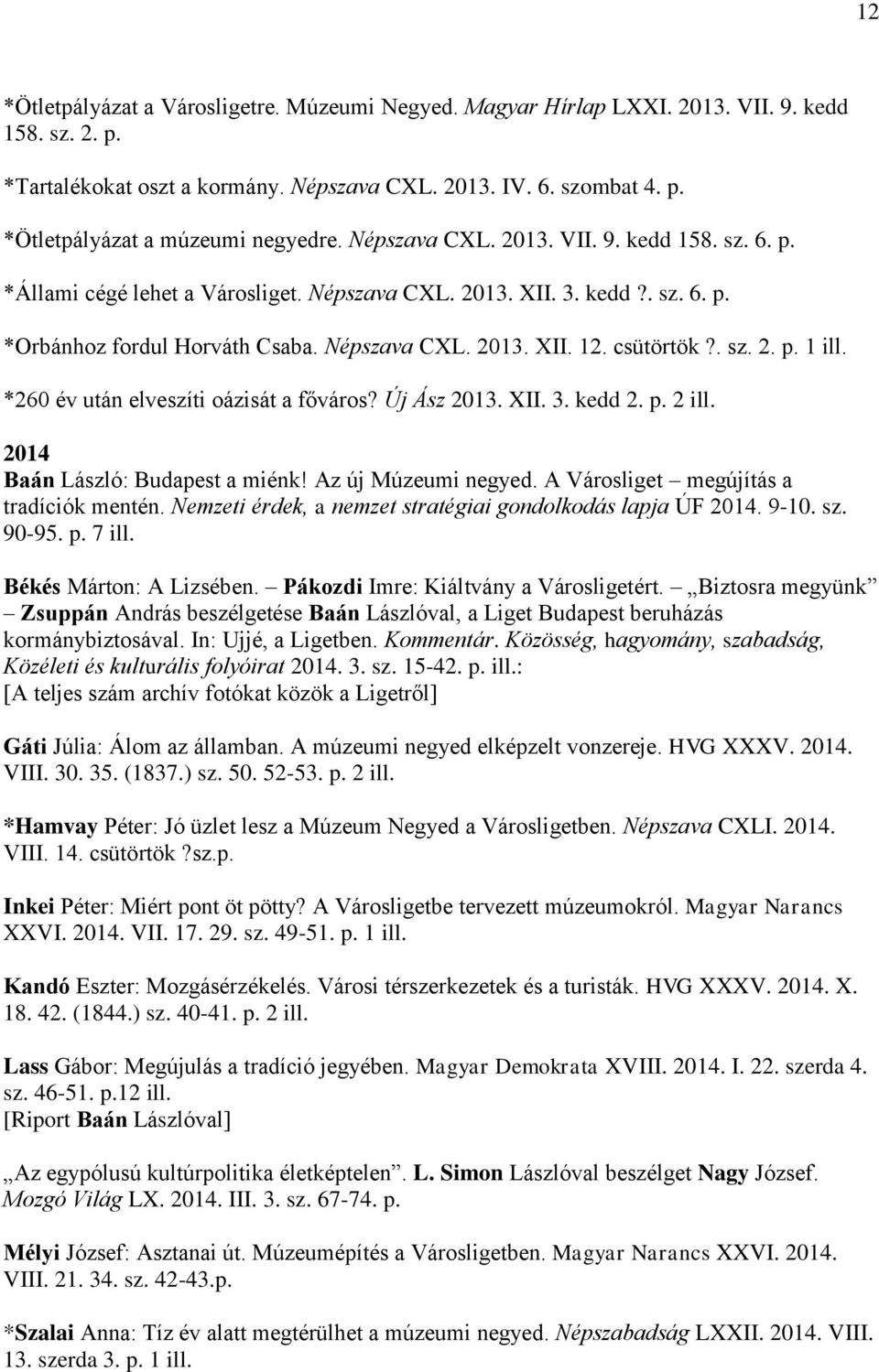 . sz. 2. p. 1 ill. *260 év után elveszíti oázisát a főváros? Új Ász 2013. XII. 3. kedd 2. p. 2 ill. 2014 Baán László: Budapest a miénk! Az új Múzeumi negyed. A Városliget megújítás a tradíciók mentén.