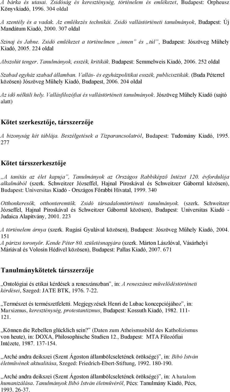 224 oldal Abszolút tenger. Tanulmányok, esszék, kritikák. Budapest: Semmelweis Kiadó, 2006. 252 oldal Szabad egyház szabad államban. Vallás- és egyházpolitikai esszék, publicisztikák.