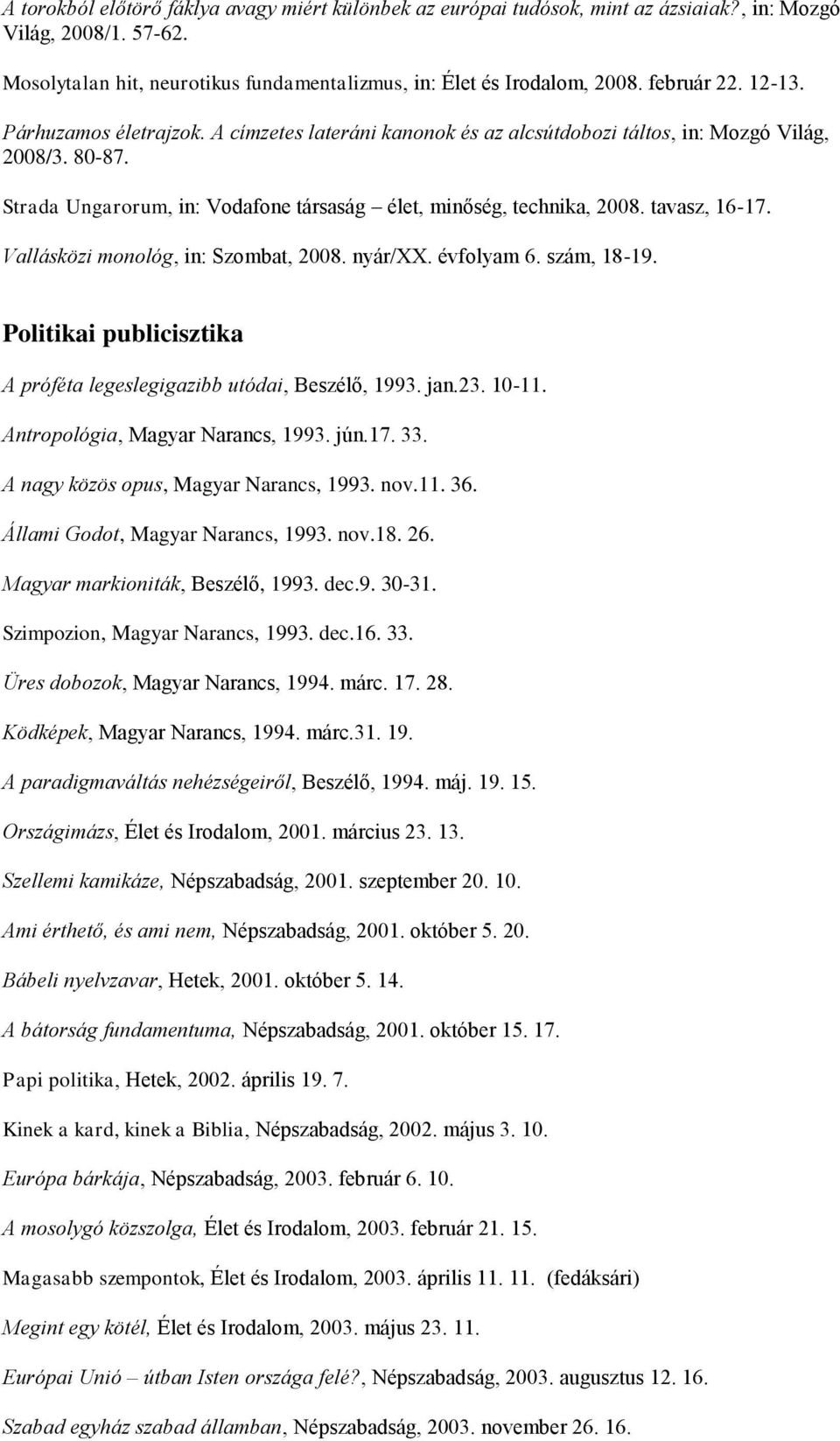 tavasz, 16-17. Vallásközi monológ, in: Szombat, 2008. nyár/xx. évfolyam 6. szám, 18-19. Politikai publicisztika A próféta legeslegigazibb utódai, Beszélő, 1993. jan.23. 10-11.