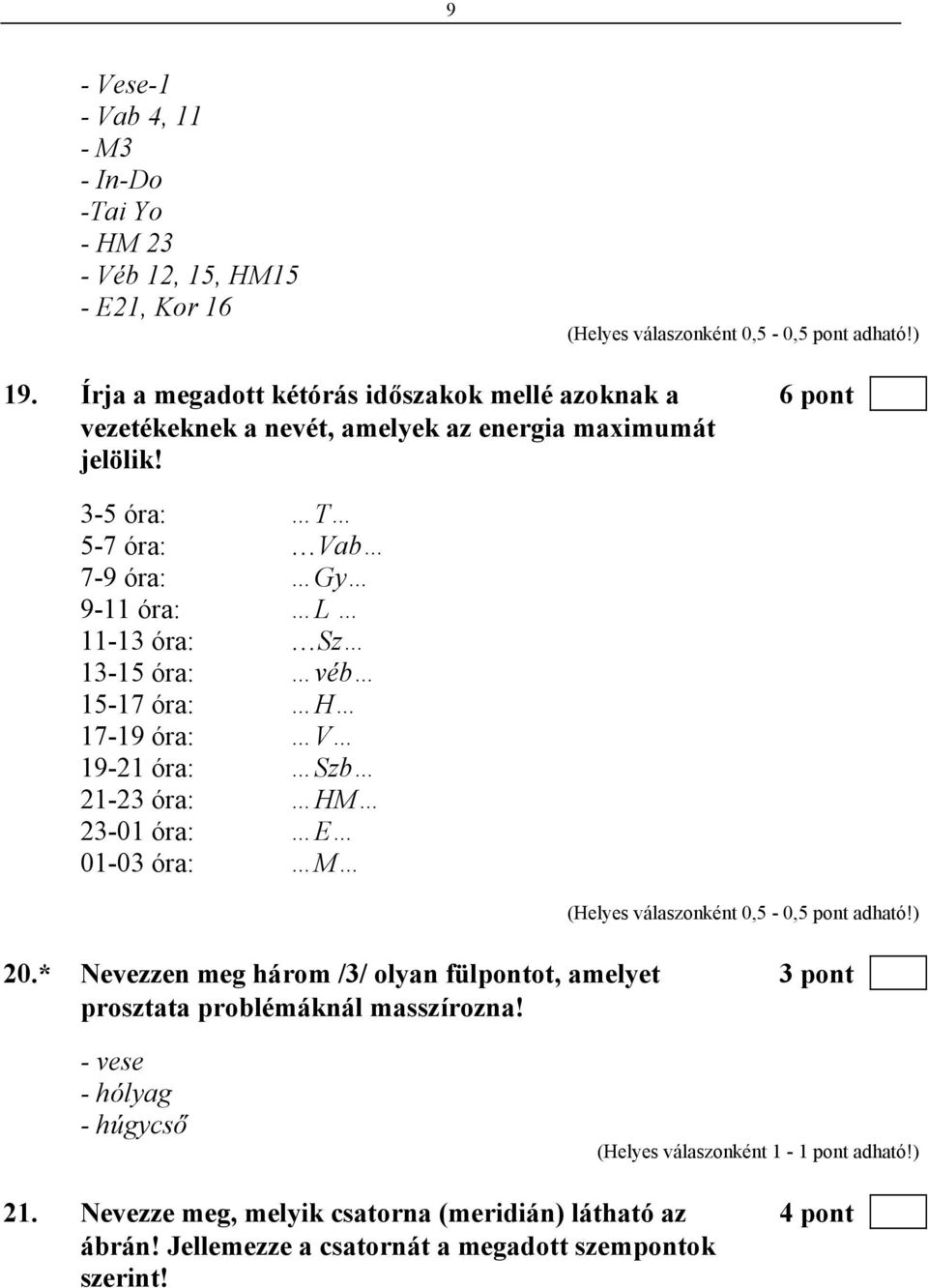 3-5 óra: T 5-7 óra: Vab 7-9 óra: Gy 9-11 óra: L 11-13 óra: Sz 13-15 óra: véb 15-17 óra: H 17-19 óra: V 19-21 óra: Szb 21-23 óra: HM 23-01 óra: E 01-03 óra: M (Helyes