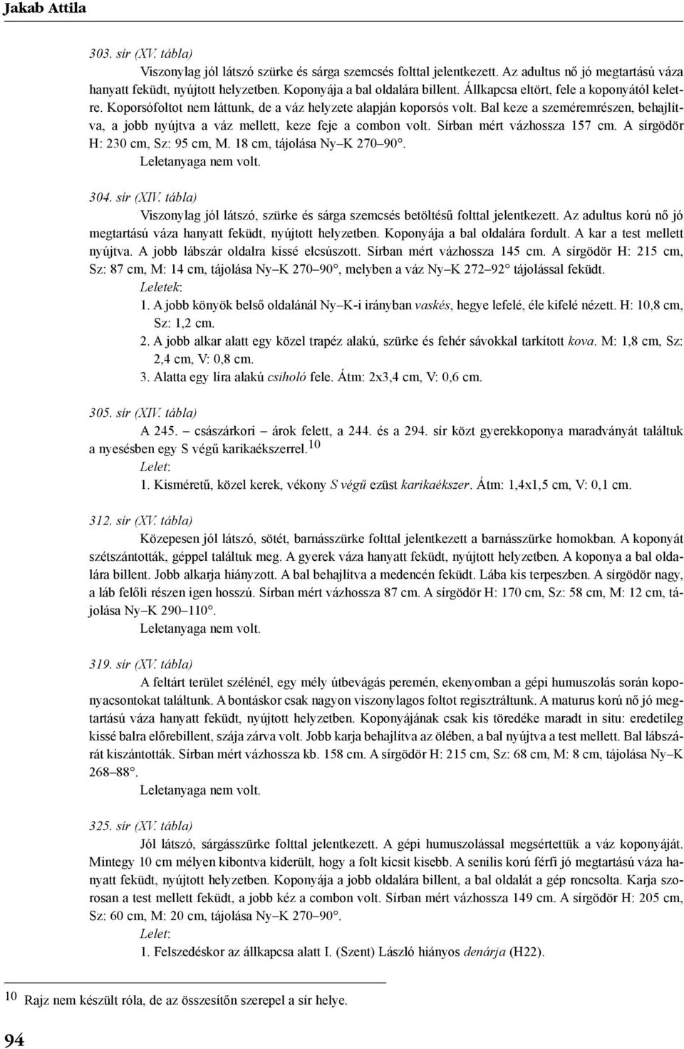 Bal keze a szeméremrészen, behajlítva, a jobb nyújtva a váz mellett, keze feje a combon volt. Sírban mért vázhossza 157 cm. A sírgödör H: 230 cm, Sz: 95 cm, M. 18 cm, tájolása Ny K 270 90. 304.