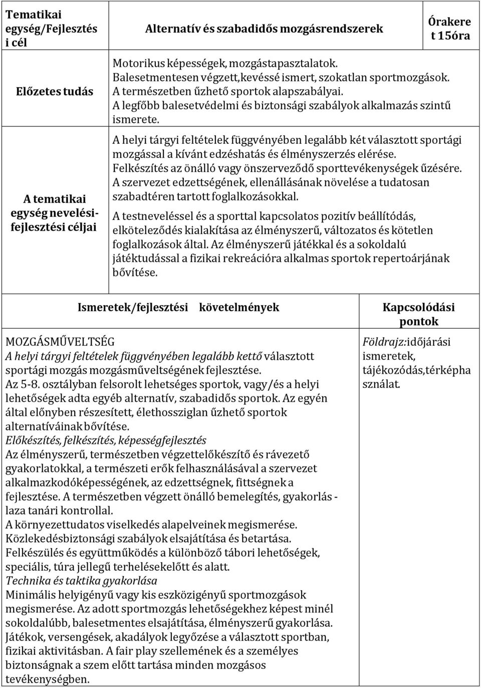 A helyi tárgyi feltételek függvényében legalább két választott sportági mozgással a kívánt edzéshatás és élményszerzés elérése. Felkészítés az önálló vagy önszerveződő sporttevékenységek űzésére.