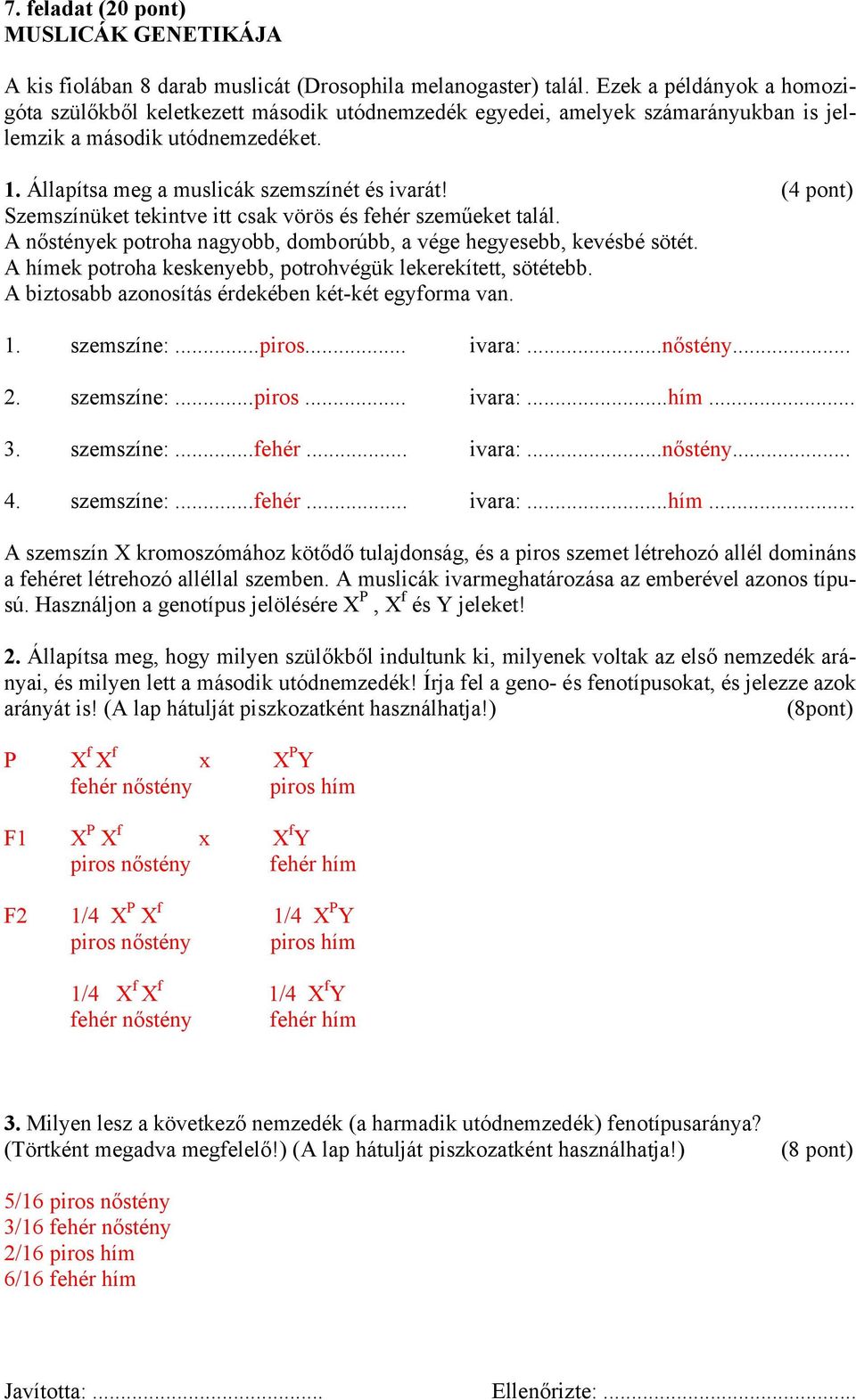 (4 pont) Szemszínüket tekintve itt csak vörös és fehér szeműeket talál. A nőstények potroha nagyobb, domborúbb, a vége hegyesebb, kevésbé sötét.