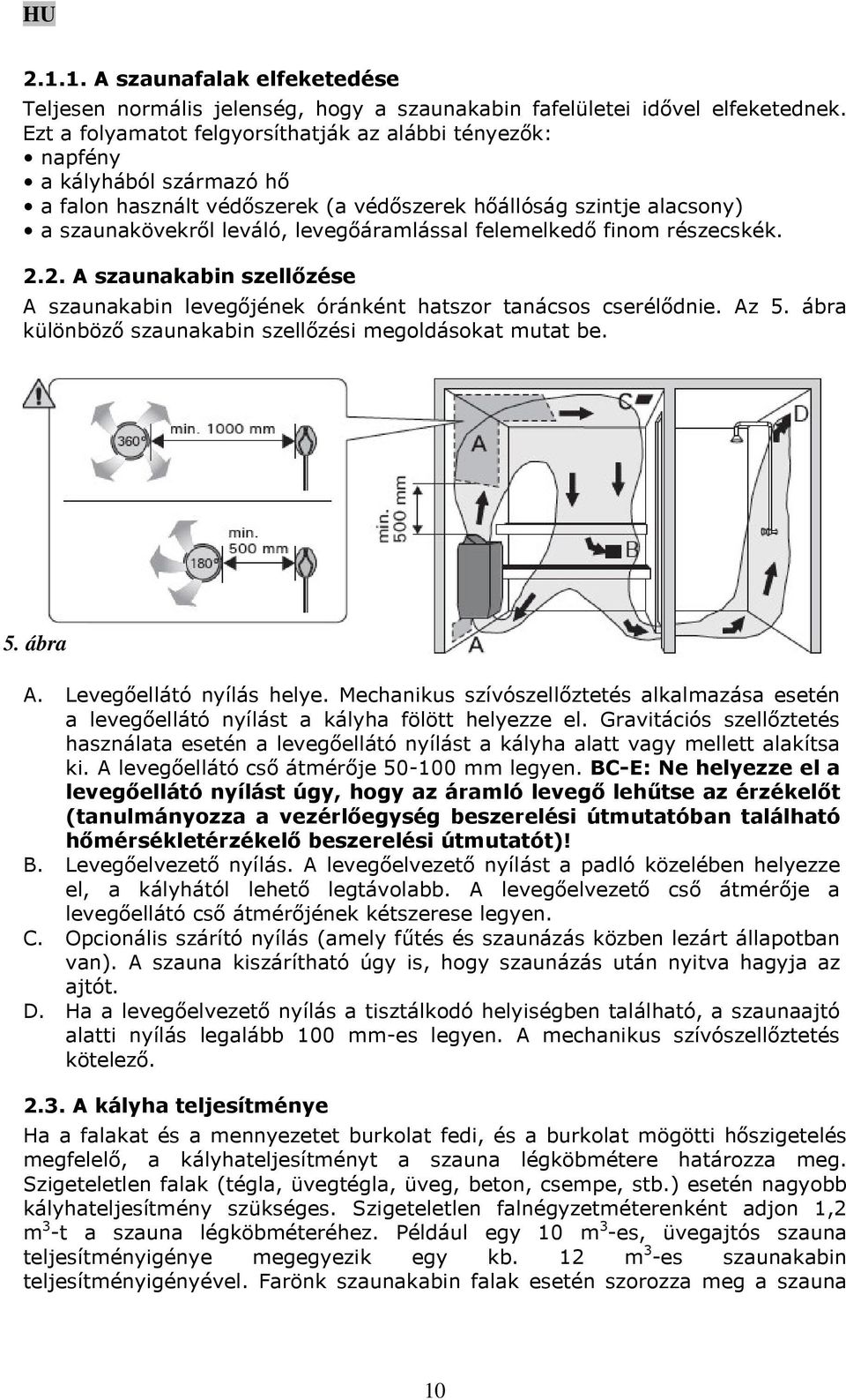 felemelkedő finom részecskék. 2.2. A szaunakabin szellőzése A szaunakabin levegőjének óránként hatszor tanácsos cserélődnie. Az 5. ábra különböző szaunakabin szellőzési megoldásokat mutat be. 5. ábra A.