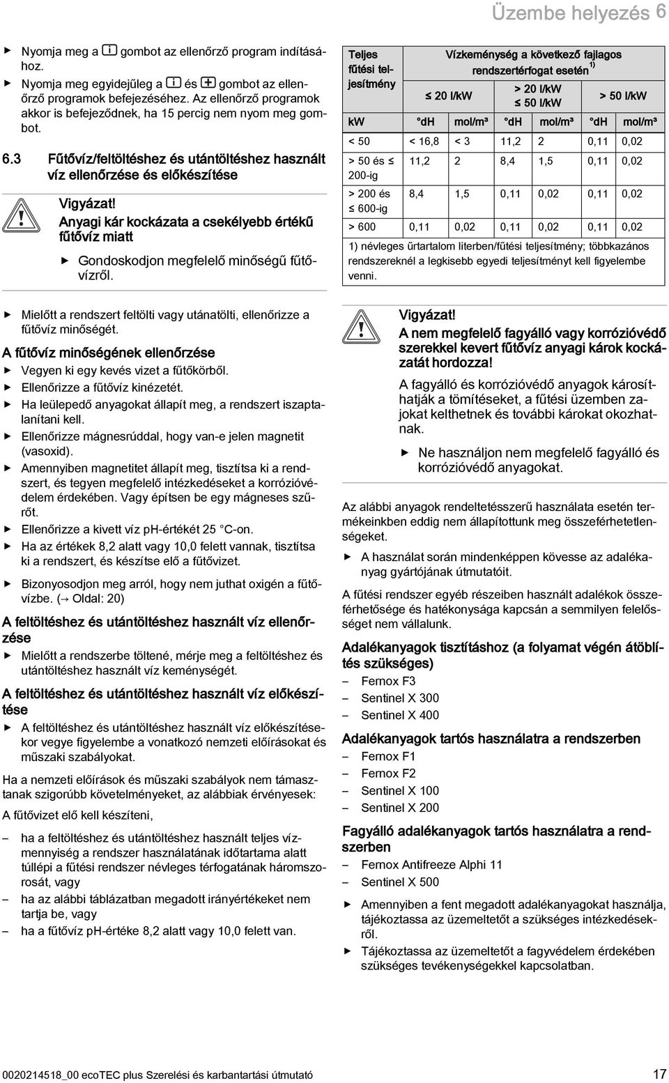 Anyagi kár kockázata a csekélyebb értékű fűtővíz miatt Gondoskodjon megfelelő minőségű fűtővízről.