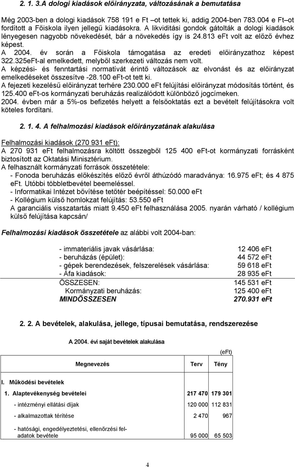 A 2004. év során a Főiskola támogatása az eredeti előirányzathoz képest 322.325eFt-al emelkedett, melyből szerkezeti változás nem volt.