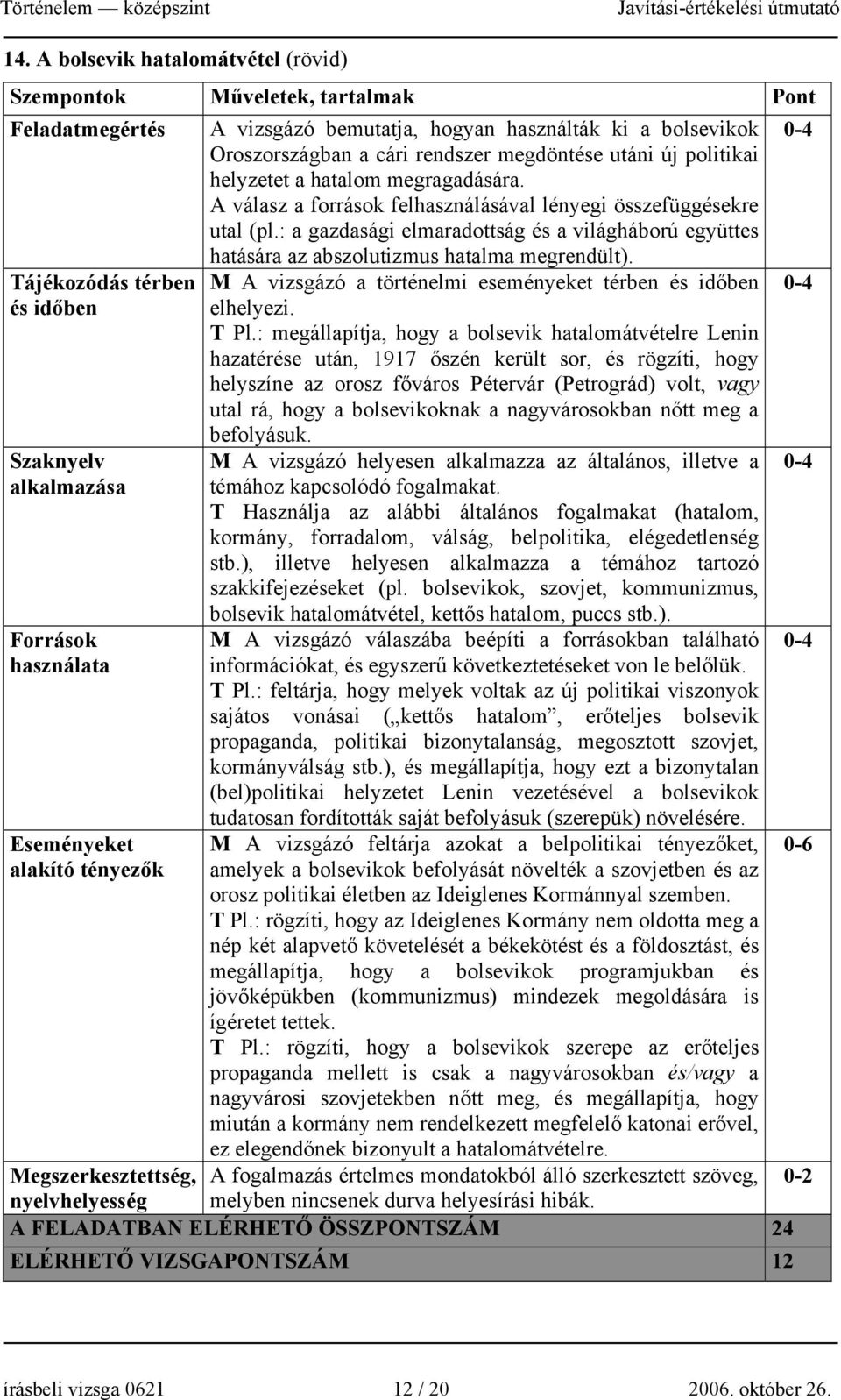 A válasz a források felhasználásával lényegi összefüggésekre utal (pl.: a gazdasági elmaradottság és a világháború együttes hatására az abszolutizmus hatalma megrendült).