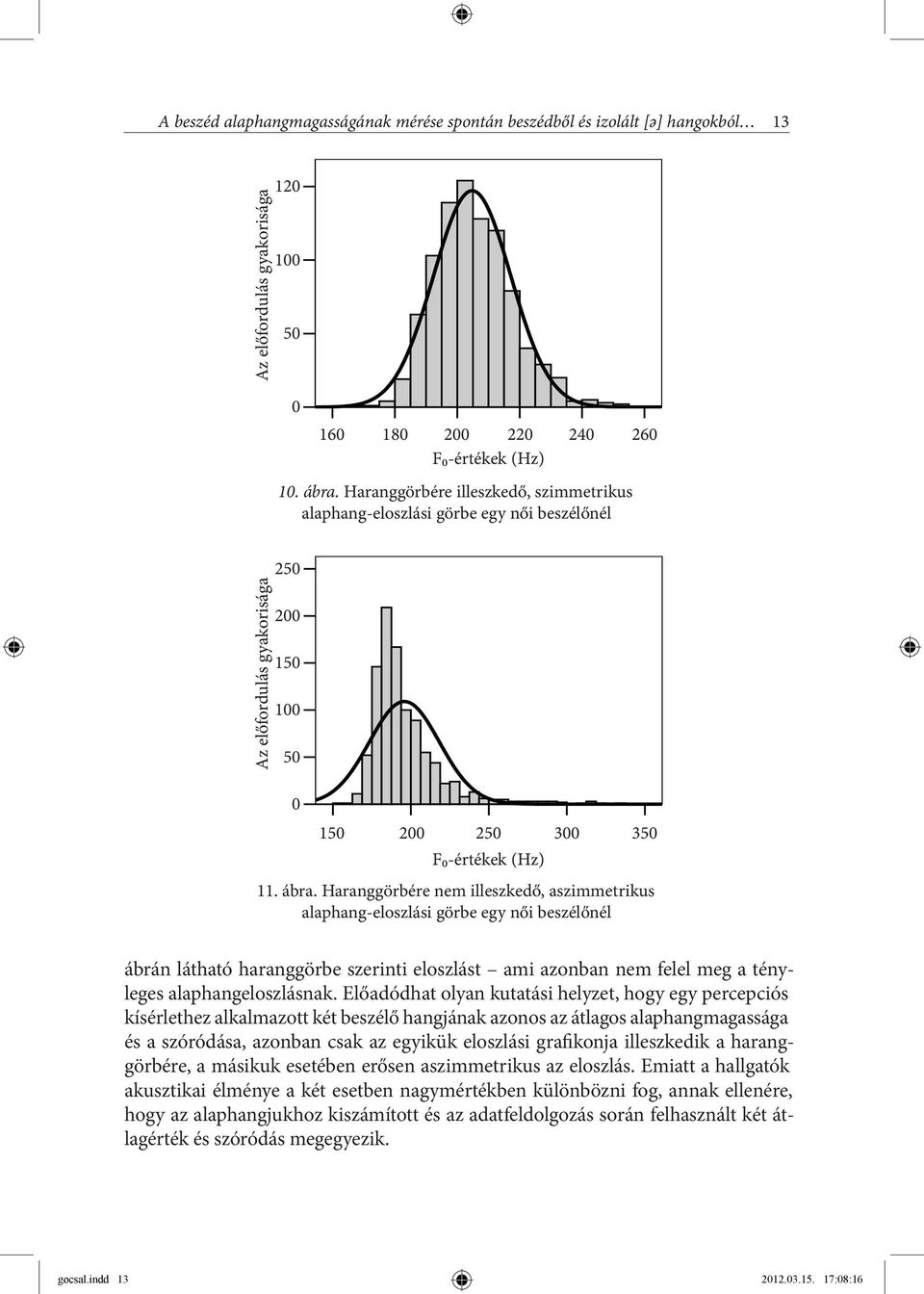 Haranggörbére illeszkedő, szimmetrikus alaphang-eloszlási görbe egy női beszélőnél előfordulás Az előfordulás gyakorisága 250 200 150 100 50 0 150,00 200,00 250,00 300,00 350,00 150 200 250 300 350