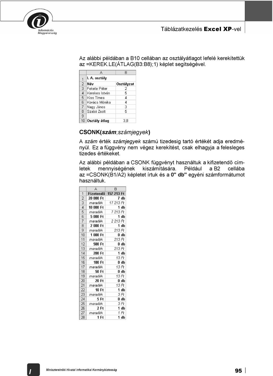 CSONK(szám;számjegyek) A szám érték számjegyek számú tizedesig tartó értékét adja eredményül.