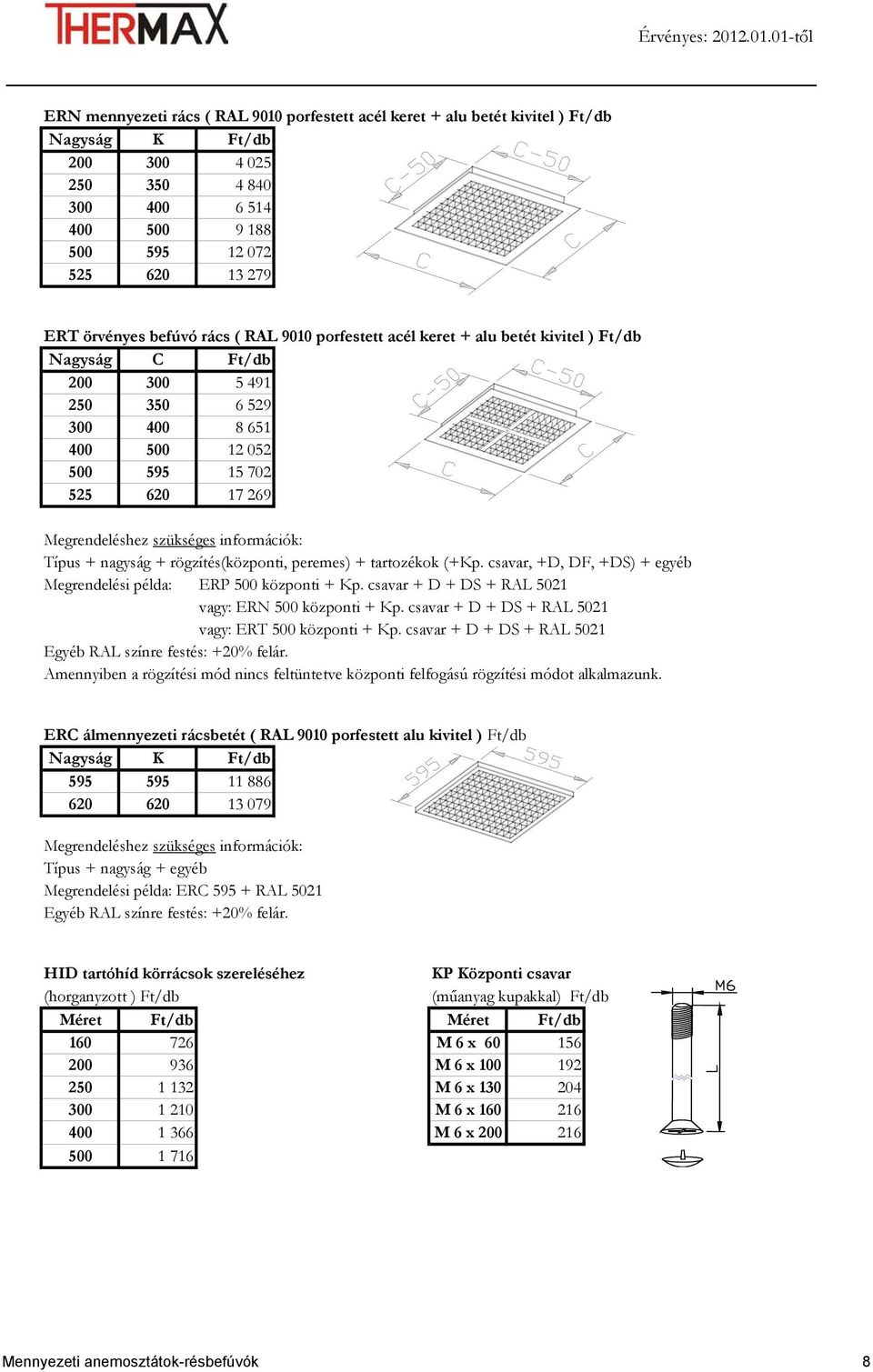 tartozékok (+Kp. csavar, +D, DF, +DS) + egyéb Megrendelési példa: ERP 500 központi + Kp. csavar + D + DS + RAL 5021 vagy: ERN 500 központi + Kp. csavar + D + DS + RAL 5021 vagy: ERT 500 központi + Kp.