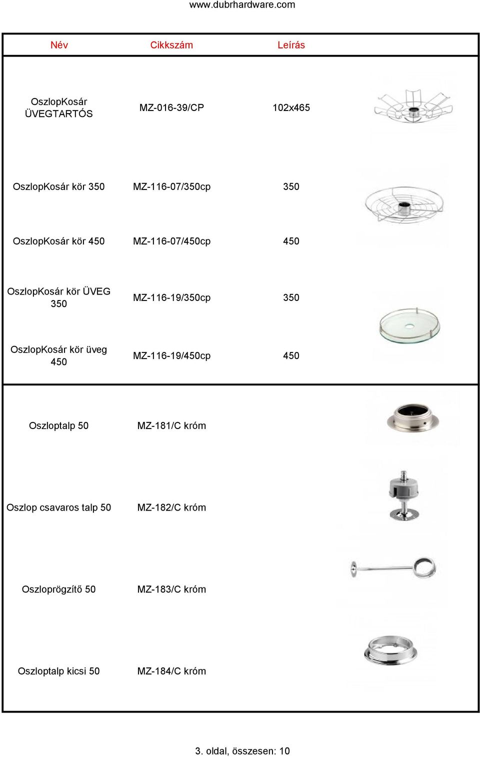 OszlopKosár kör üveg 450 MZ-116-19/450cp 450 Oszloptalp 50 MZ-181/C króm Oszlop csavaros