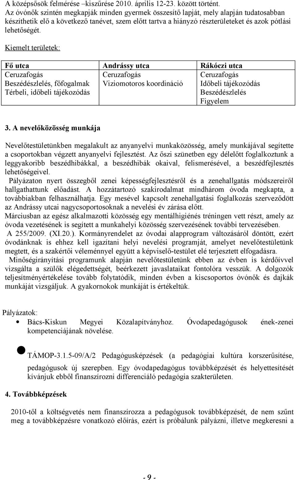 Kiemelt területek: Fő utca Andrássy utca Rákóczi utca Ceruzafogás Beszédészlelés, főfogalmak Térbeli, időbeli tájékozódás Ceruzafogás Viziomotoros koordináció Ceruzafogás Időbeli tájékozódás