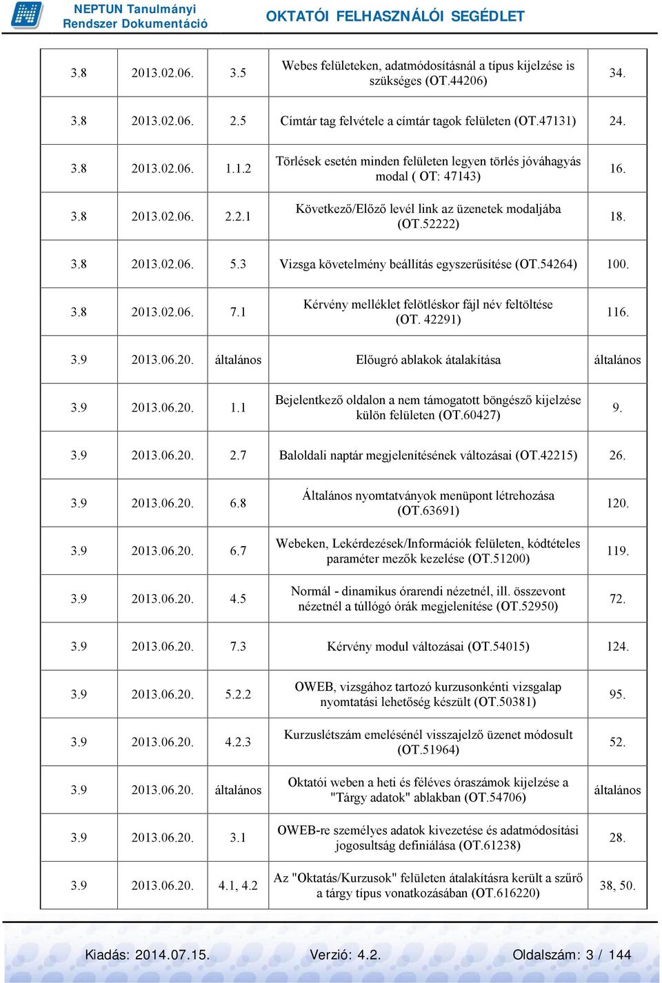 3 Vizsga követelmény beállítás egyszerűsítése (OT.54264) 100. 3.8 2013.02.06. 7.1 Kérvény melléklet felötléskor fájl név feltöltése (OT. 42291) 116. 3.9 2013.06.20. általános Előugró ablakok átalakítása általános 3.