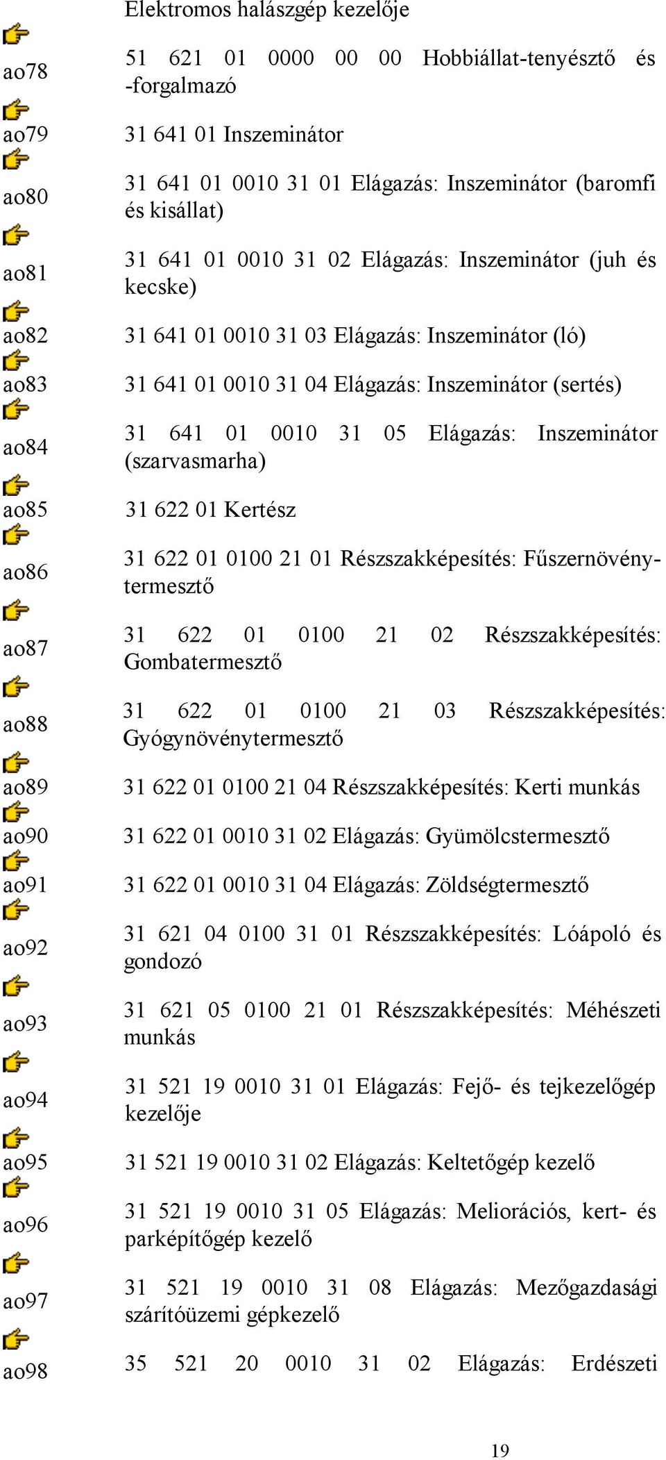 641 01 0010 31 04 Elágazás: Inszeminátor (sertés) 31 641 01 0010 31 05 Elágazás: Inszeminátor (szarvasmarha) 31 622 01 Kertész 31 622 01 0100 21 01 Részszakképesítés: Fűszernövénytermesztő 31 622 01