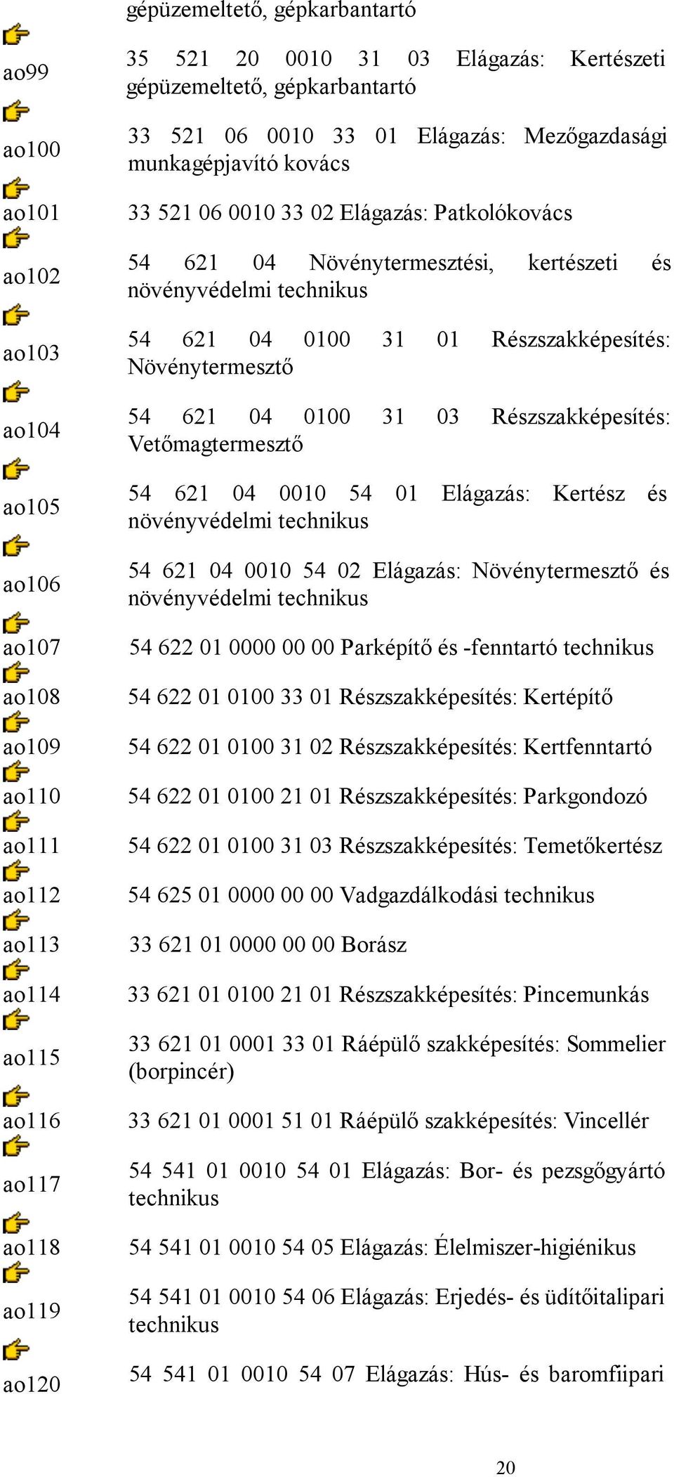 növényvédelmi technikus 54 621 04 0100 31 01 Részszakképesítés: Növénytermesztő 54 621 04 0100 31 03 Részszakképesítés: Vetőmagtermesztő 54 621 04 0010 54 01 Elágazás: Kertész és növényvédelmi