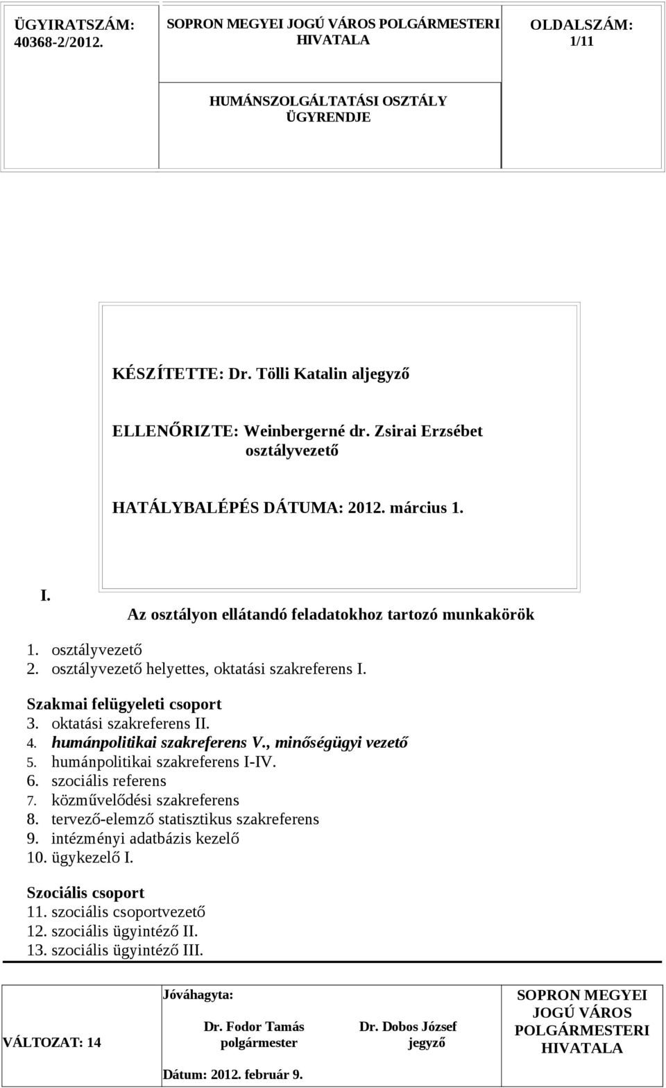 oktatási szakreferens II. 4. humánpolitikai szakreferens V., minőségügyi vezető 5. humánpolitikai szakreferens I-IV. 6. szociális referens 7.