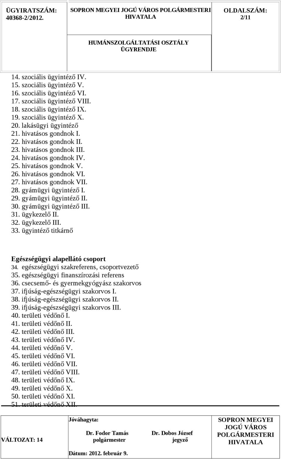 gyámügyi ügyintéző I. 29. gyámügyi ügyintéző II. 30. gyámügyi ügyintéző III. 31. ügykezelő II. 32. ügykezelő III. 33. ügyintéző titkárnő Egészségügyi alapellátó csoport 34.