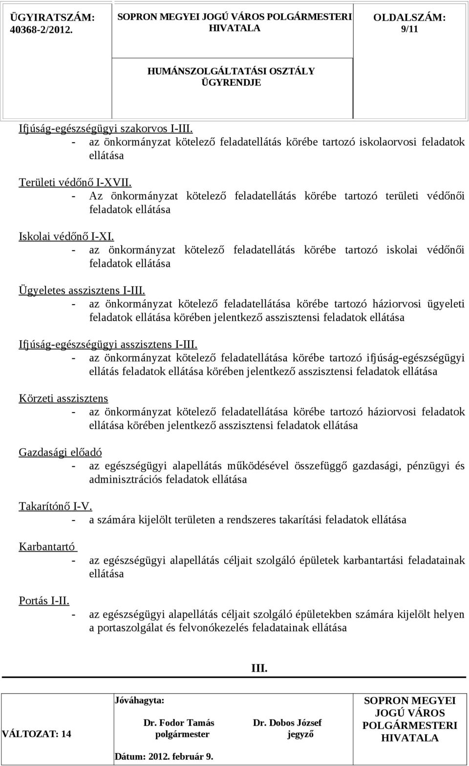 - az önkormányzat kötelező feladatellátás körébe tartozó iskolai védőnői feladatok ellátása Ügyeletes asszisztens I-III.