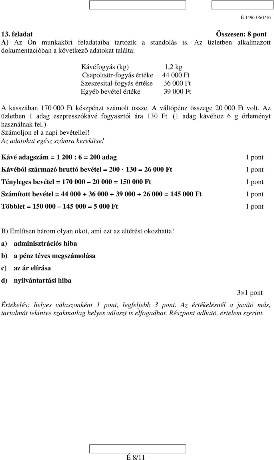 kasszában 170 000 Ft készpénzt számolt össze. A váltópénz összege 20 000 Ft volt. Az üzletben 1 adag eszpresszókávé fogyasztói ára 130 Ft. (1 adag kávéhoz 6 g őrleményt használnak fel.