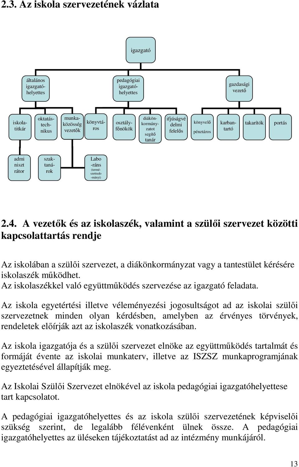 A vezetők és az iskolaszék, valamint a szülői szervezet közötti kapcsolattartás rendje Az iskolában a szülői szervezet, a diákönkormányzat vagy a tantestület kérésére iskolaszék működhet.