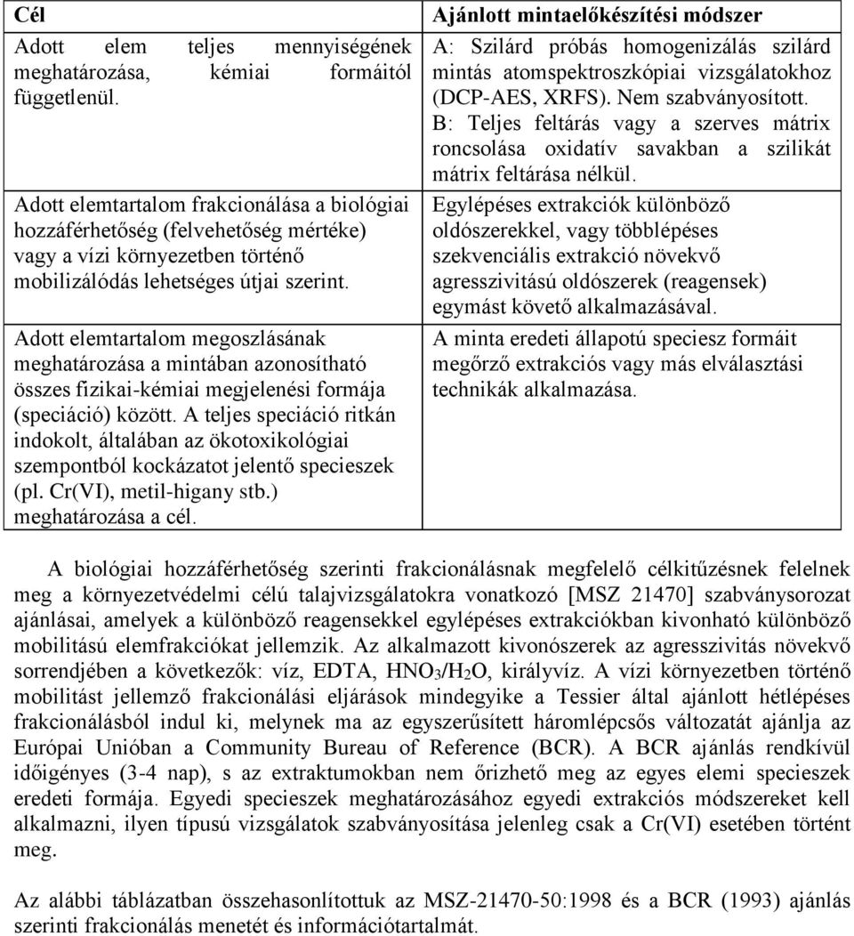 Adott elemtartalom megoszlásának meghatározása a mintában azonosítható összes fizikai-kémiai megjelenési formája (speciáció) között.