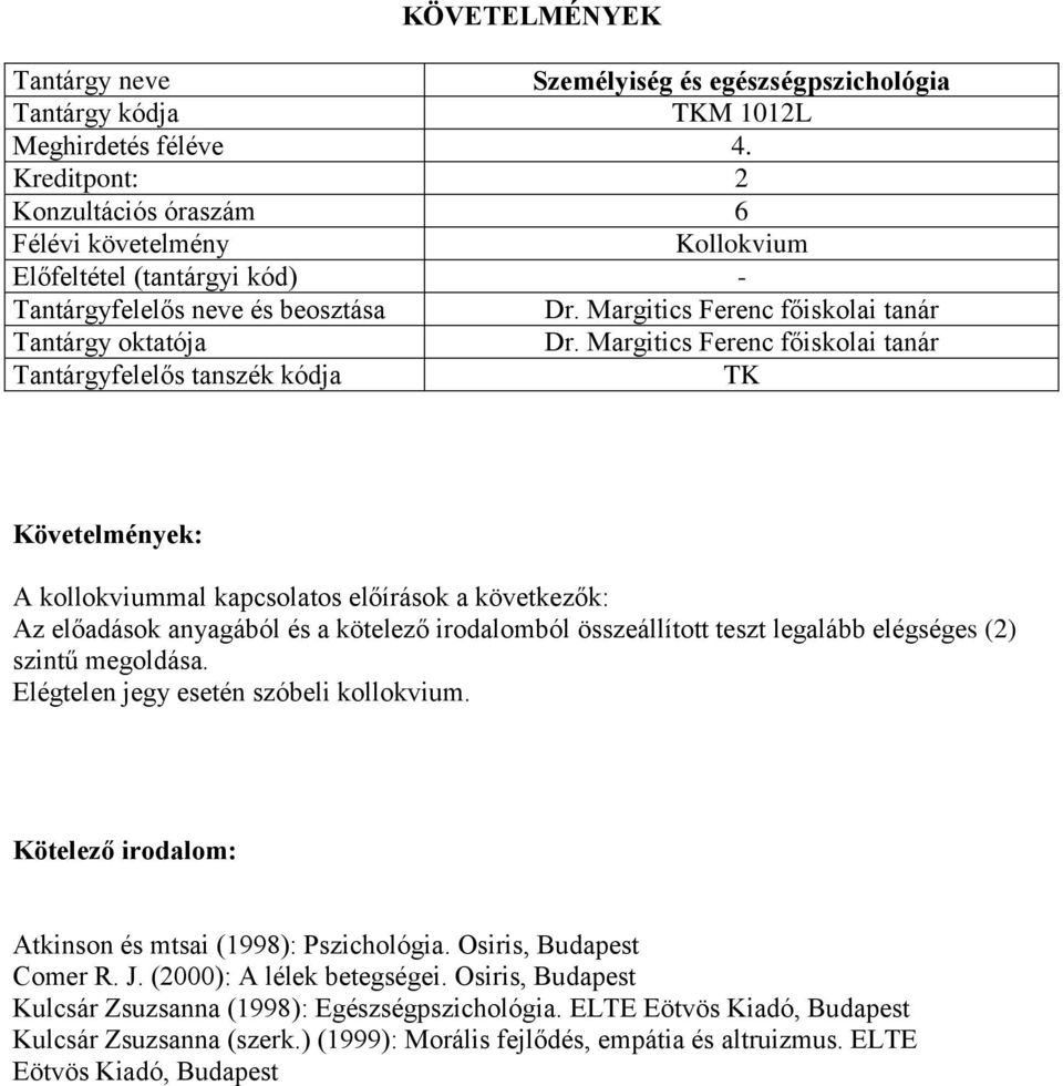 Osiris, Budapest Comer R. J. (2000): A lélek betegségei.