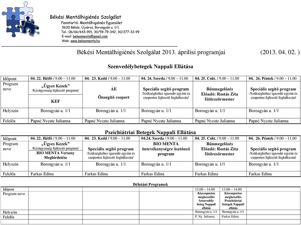 23. Kedd / 9.00 11.00 04.24. Szerda / 9.00 11.00 04. 25. Csüt. / 9.00 11.00 04. 26. Péntek / 9.00 11.00 Bűnmegelőzés Előadó: Rostás Zita Verseny főtörzsörmester Meghirdetése Farkas Edina Farkas Edina Farkas Edina Farkas Edina Farkas Edina Délutáni ok Időpont 13.