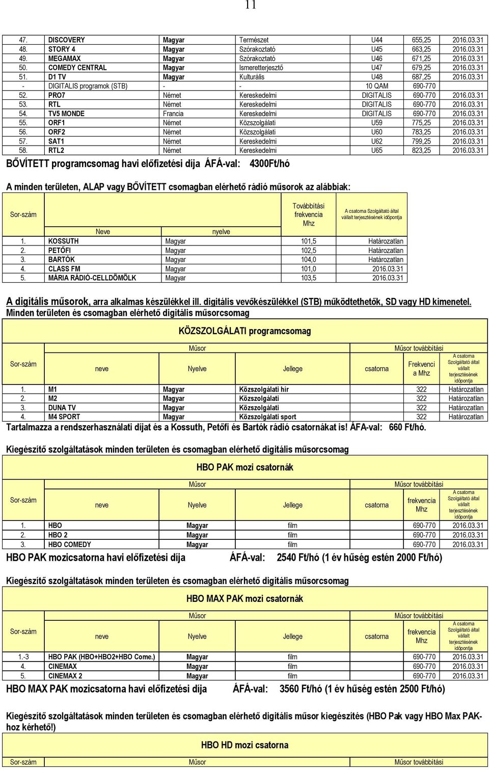 PRO7 Német Kereskedelmi DIGITALIS 690-770 2016.03.31 53. RTL Német Kereskedelmi DIGITALIS 690-770 2016.03.31 54. TV5 MONDE Francia Kereskedelmi DIGITALIS 690-770 2016.03.31 55.
