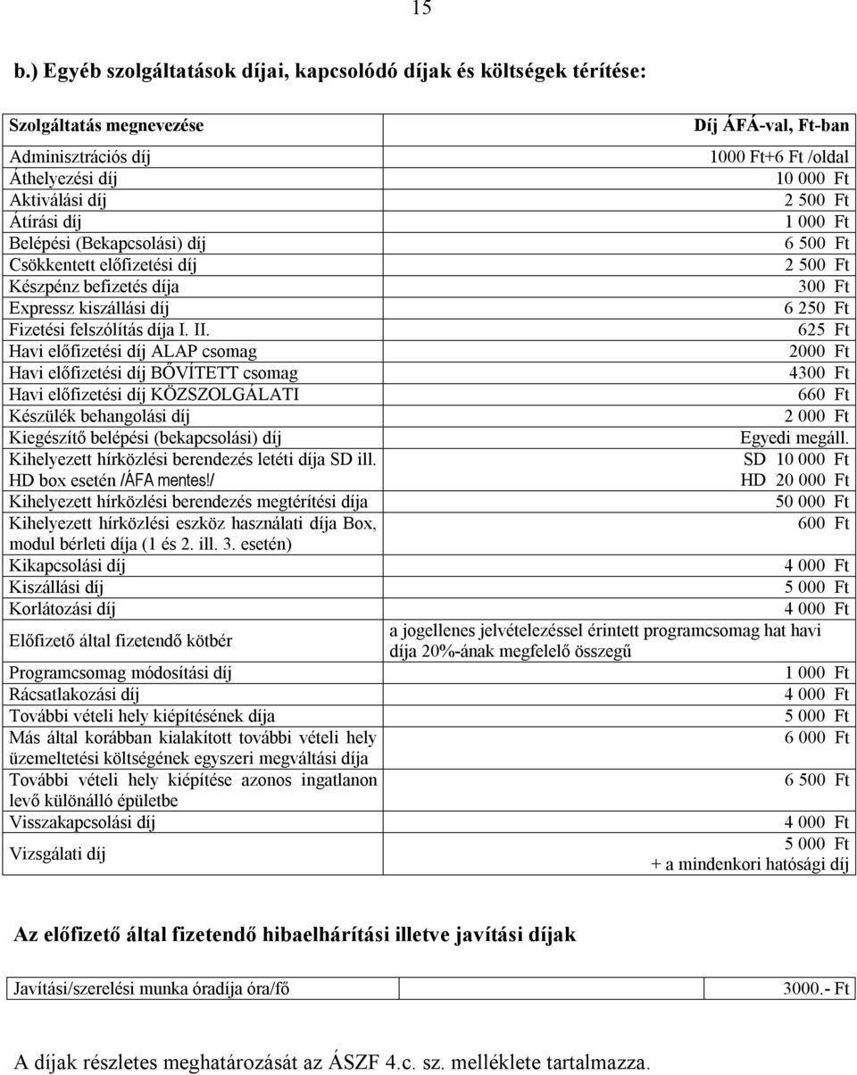 Havi előfizetési díj ALAP csomag Havi előfizetési díj BŐVÍTETT csomag Havi előfizetési díj KÖZSZOLGÁLATI Készülék behangolási díj Kiegészítő belépési (bekapcsolási) díj Kihelyezett hírközlési