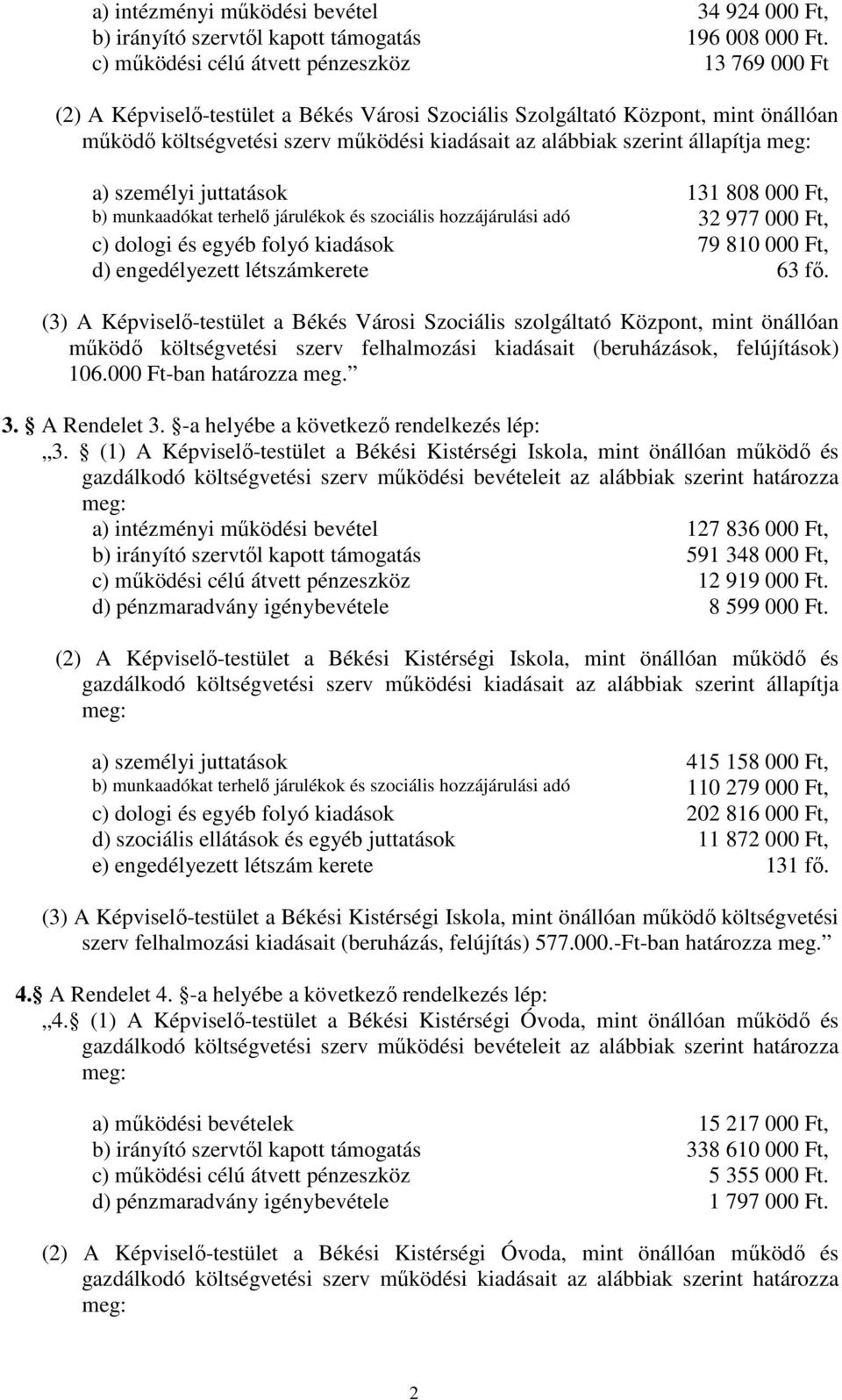 állapítja meg: a) személyi juttatások 131 808 000 Ft, b) munkaadókat terhelő járulékok és szociális hozzájárulási adó 32 977 000 Ft, c) dologi és egyéb folyó kiadások 79 810 000 Ft, d) engedélyezett