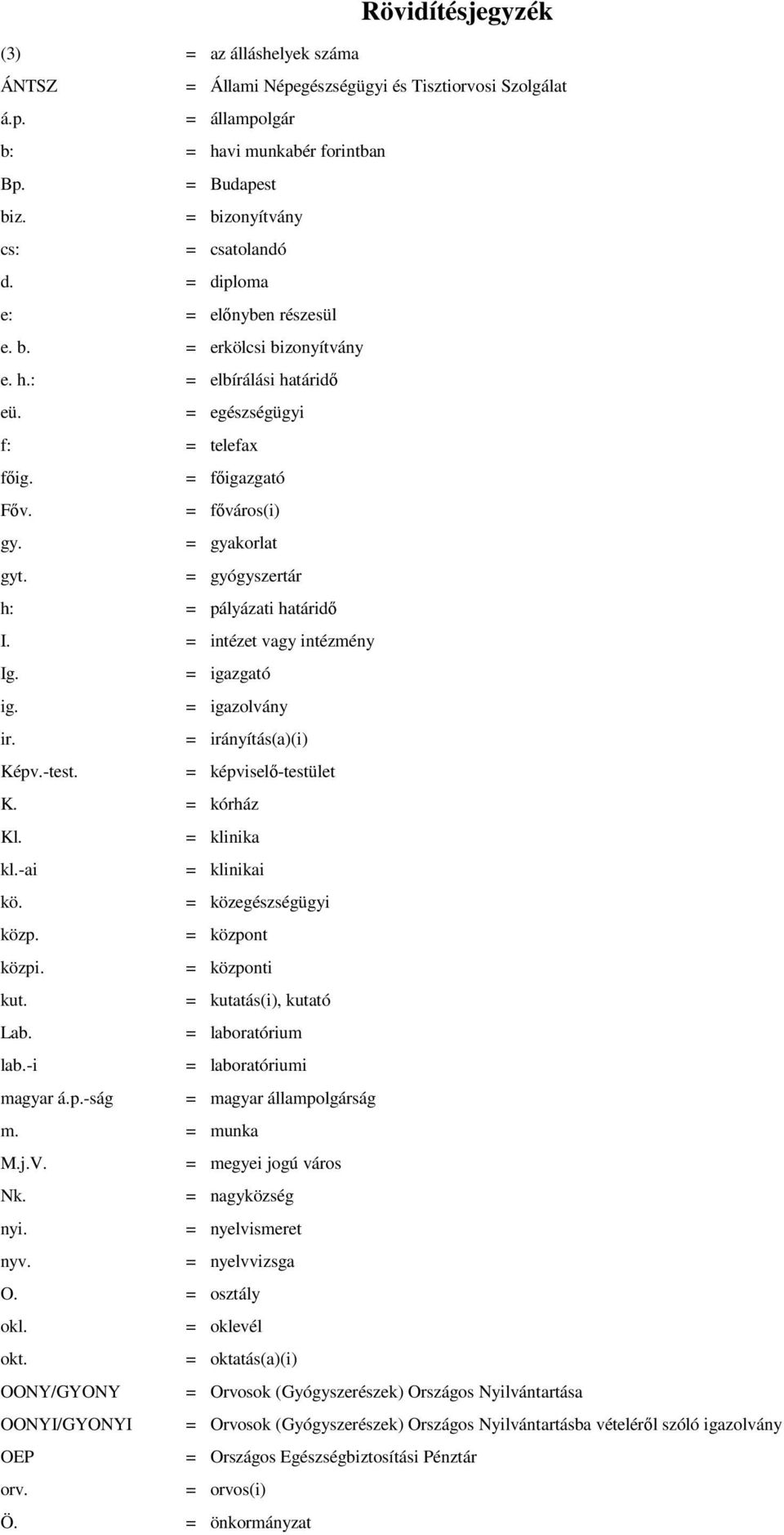 = gyakorlat gyt. = gyógyszertár h: = pályázati határidı I. = intézet vagy intézmény Ig. = igazgató ig. = igazolvány ir. = irányítás(a)(i) Képv.-test. = képviselı-testület K. = kórház Kl. = klinika kl.